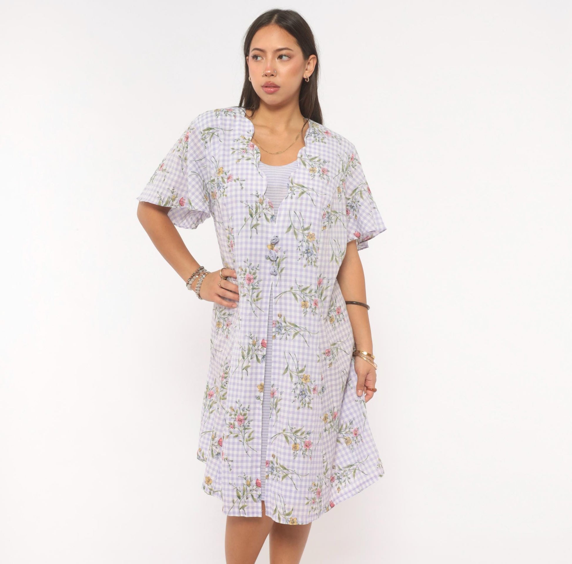 90s Sarah Richards Plus Lavender Gingham Floral Dress Flutter Sleeve A-Line Extra Large XXL