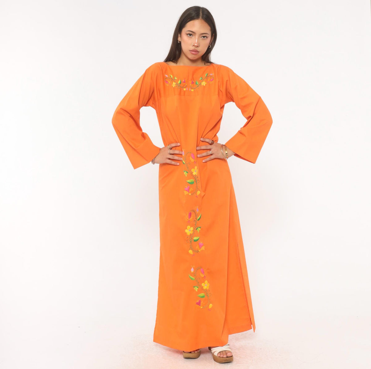 70s Orange Embroidered Maxi Dress Cotton Floral Bell Sleeve Boat Neck Medium M