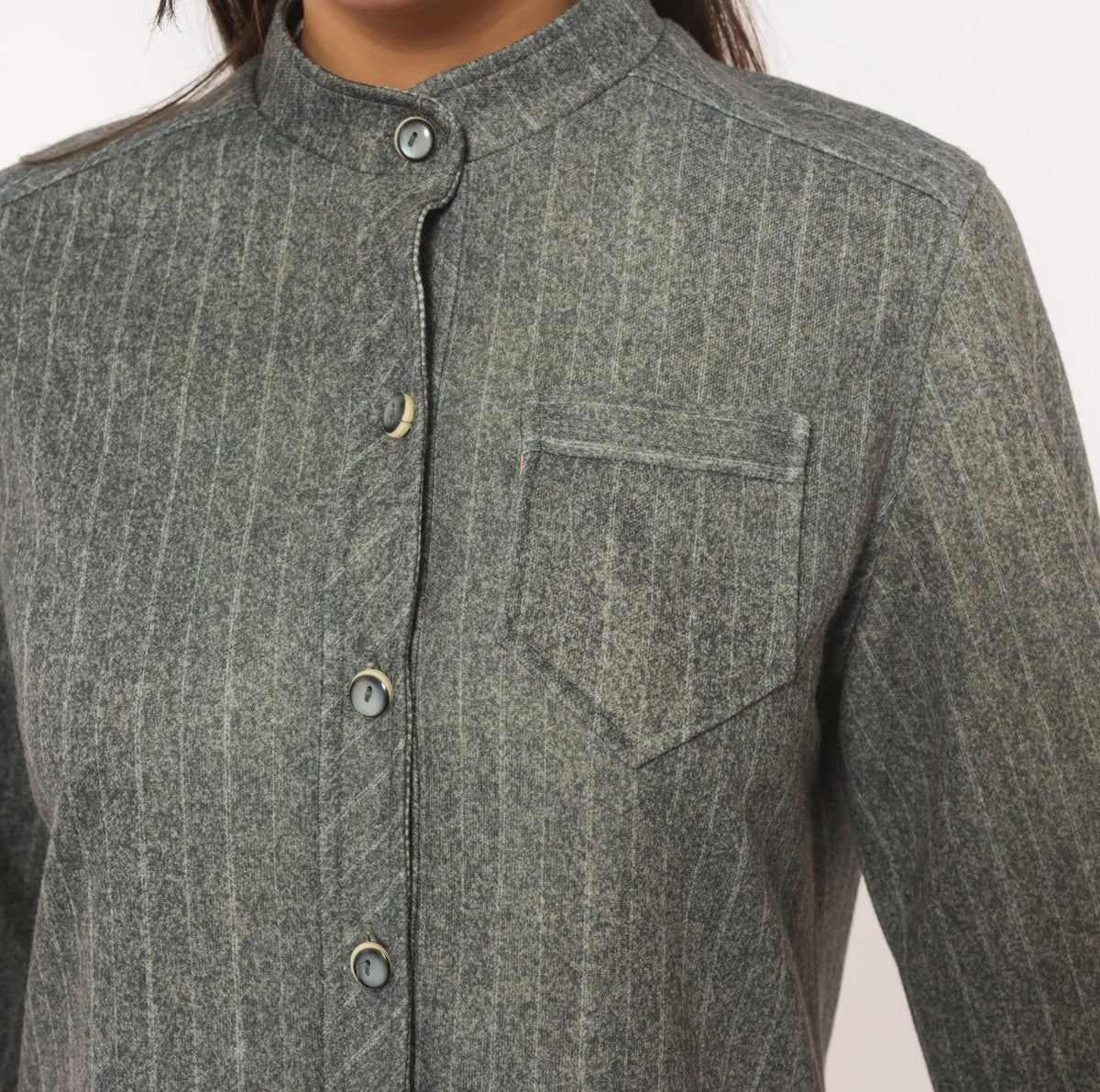 60s Tina's Pinstripe Shirt Dress Grey Mandarin Collar Medium M