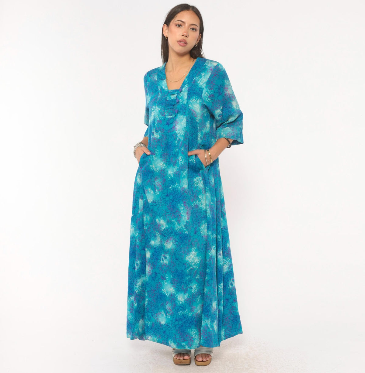70s Psychedelic Floral Maxi Dress Blue Purple Teal Cotton Square Neck Medium