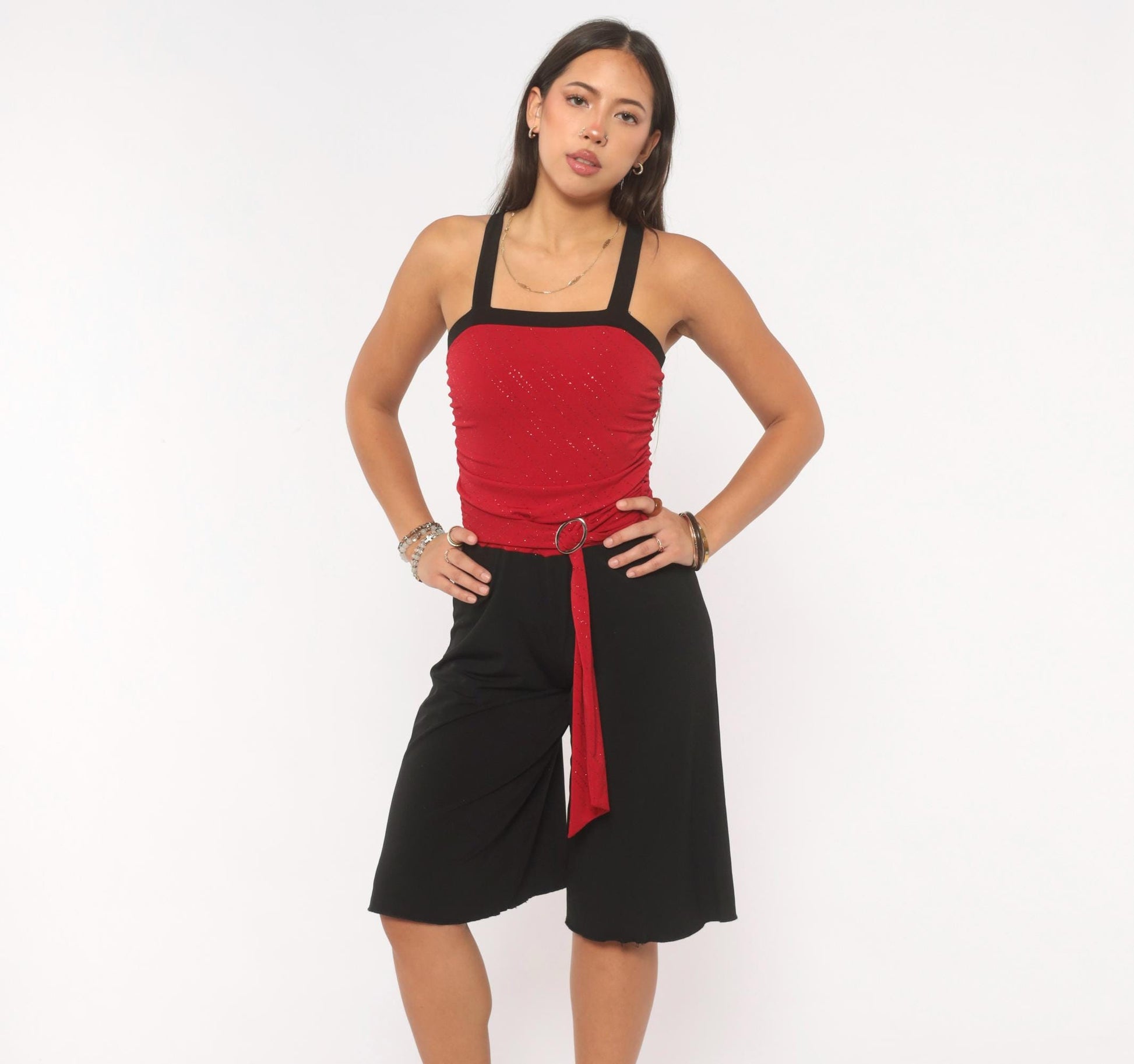 Y2K Byergirl Red Glitter Black Wide-Leg Jumpsuit Ruched Bodice XS