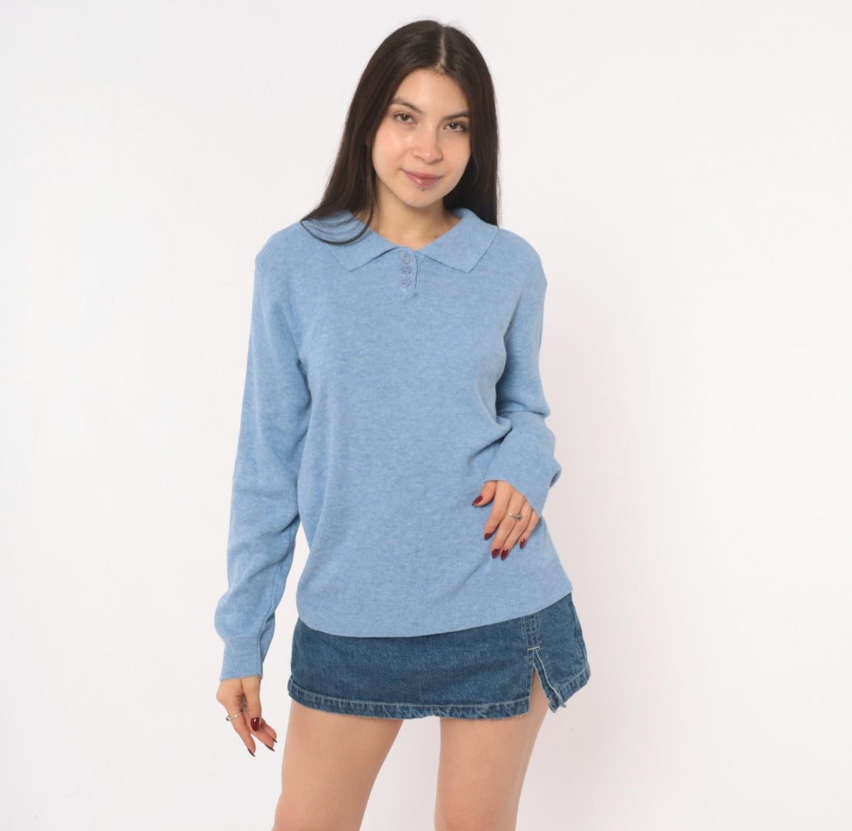 90s Blair Powder Blue Polo Sweater Knit Collar Button Pullover Medium