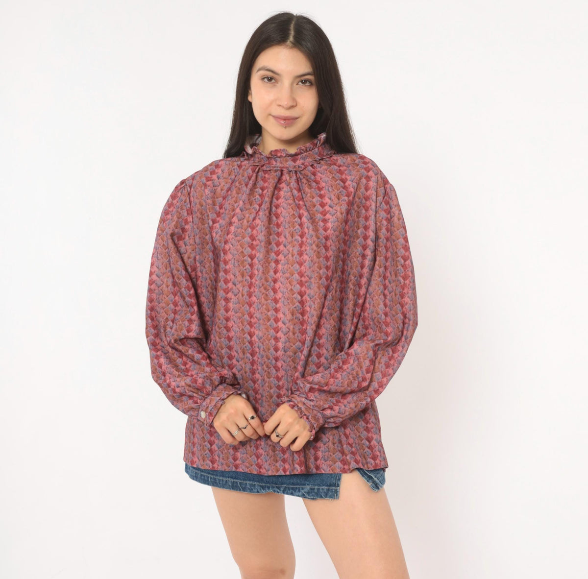 70s La Grande Petite Diamond Harlequin Blouse Ruffle Neck Puff Sleeve Dusty Rose Extra Large