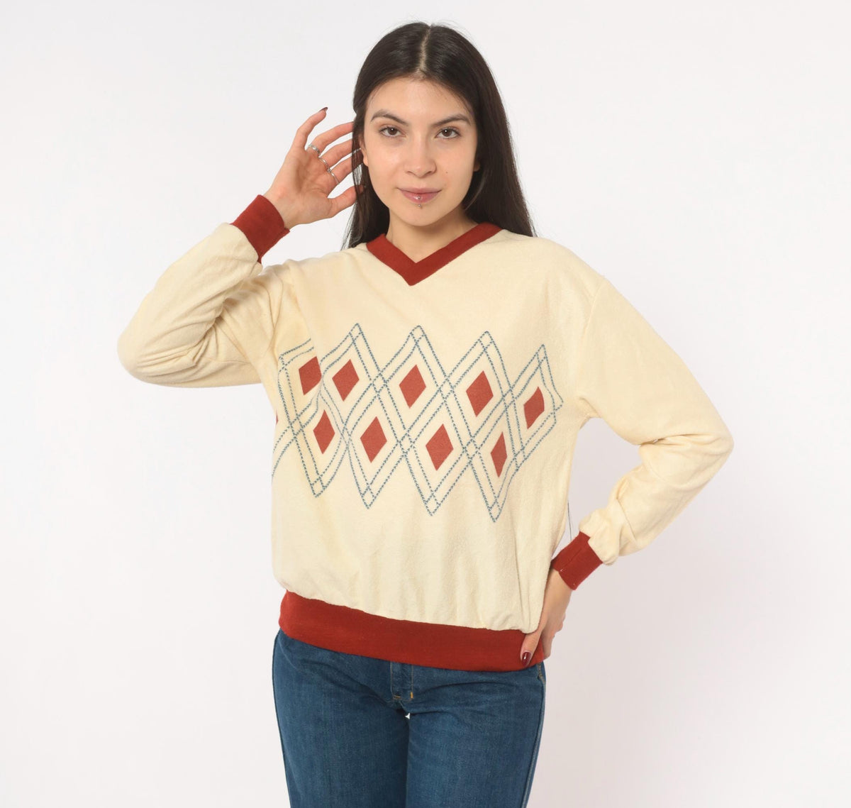 70s Windjammer Argyle V-Neck Pullover Sweatshirt Cream Burgundy Medium M