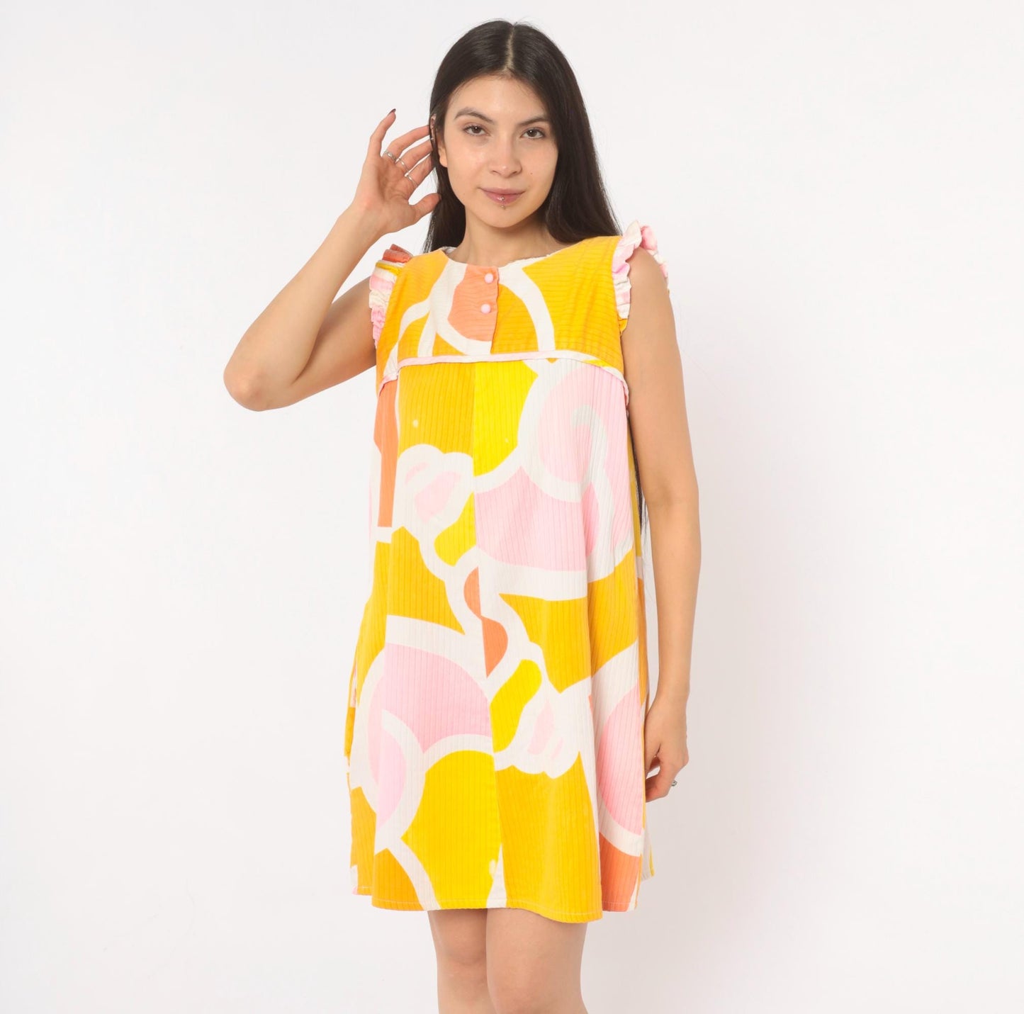 70s Andrade Hawaiian Swirl Mini Dress Yellow Pink Orange Ruffle Cap Sleeve Small