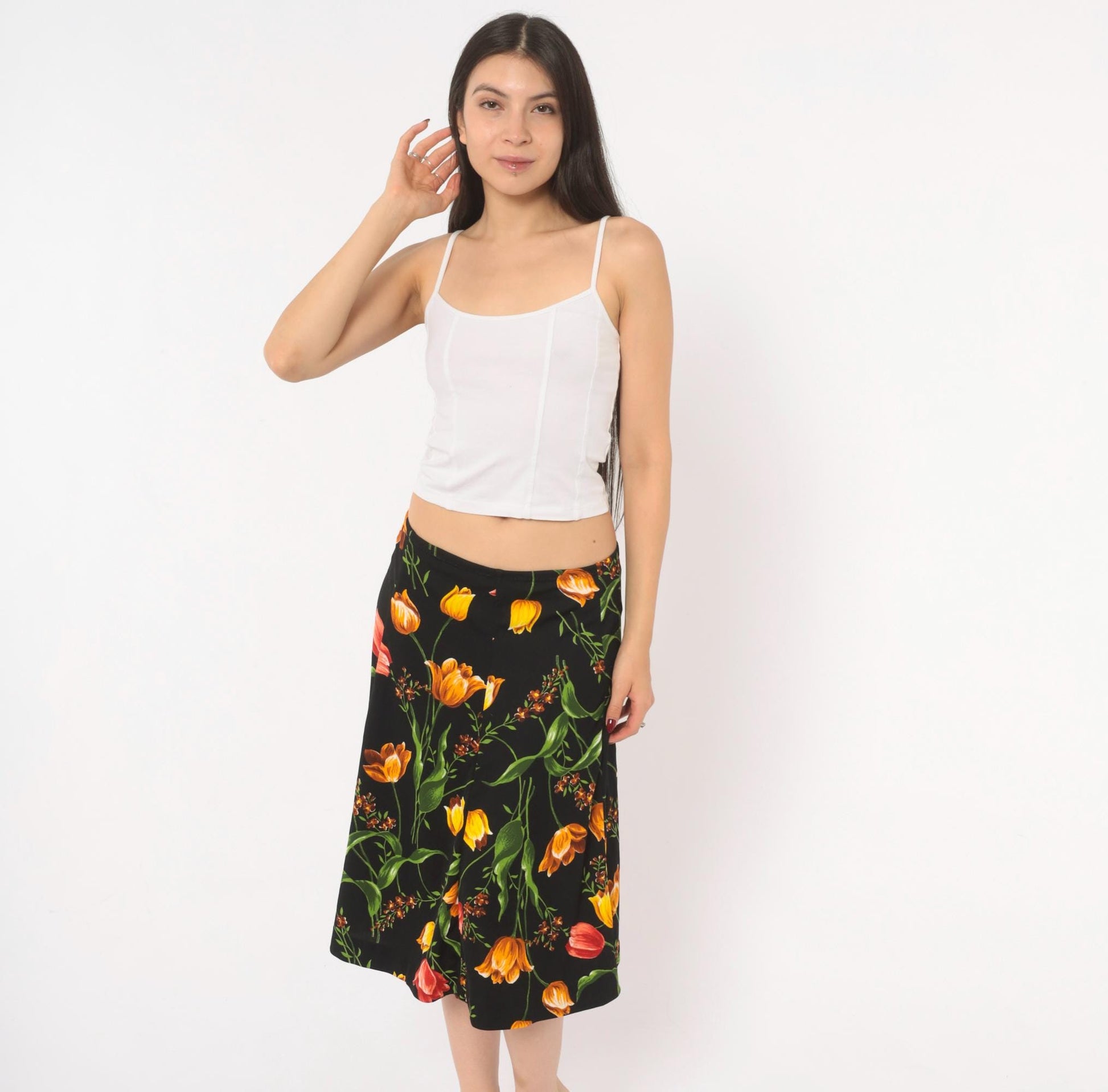 90s St Charmond Tulip Floral A-Line Skirt Black Orange Yellow Medium Large