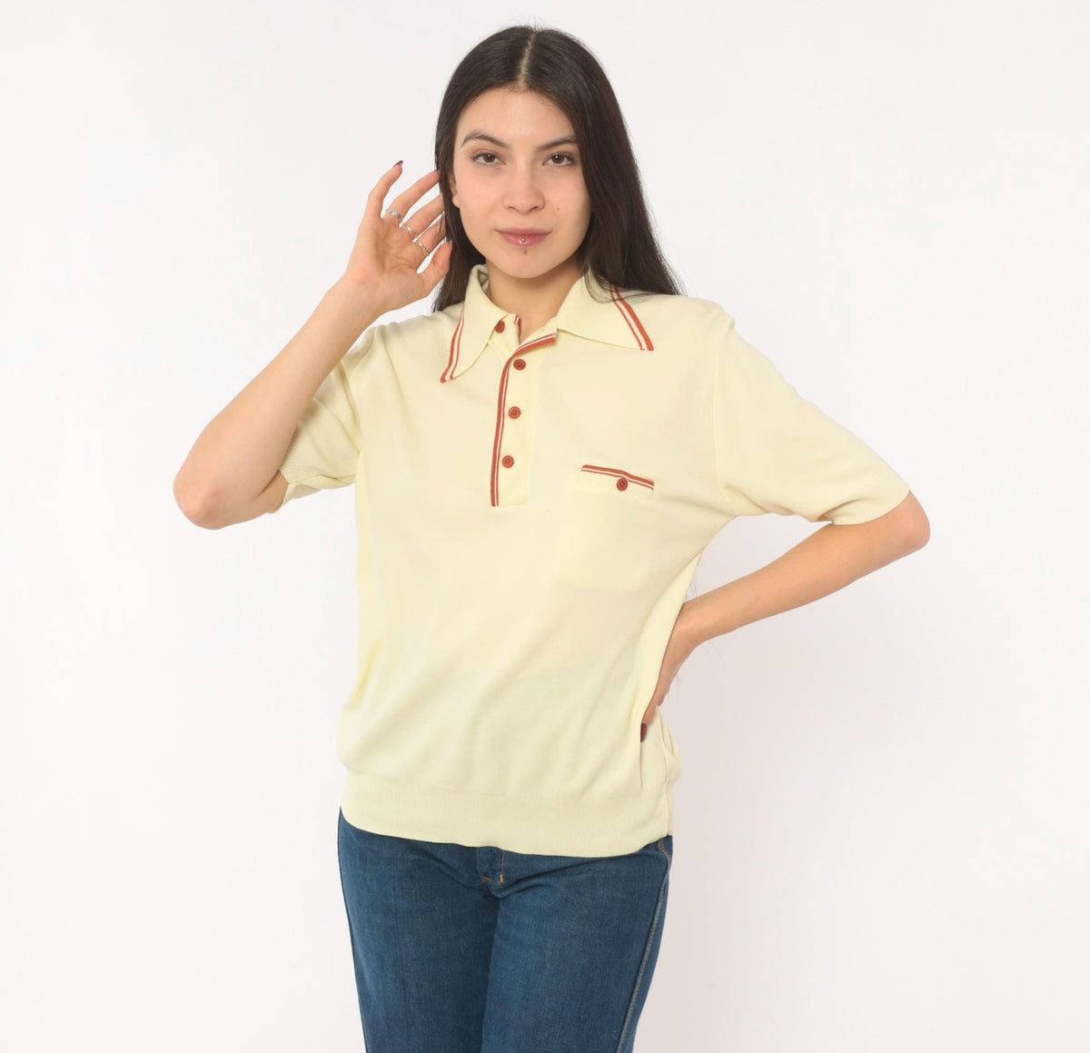 70s Ban Lon Polo Shirt Cream Rust Collar Knit Medium M