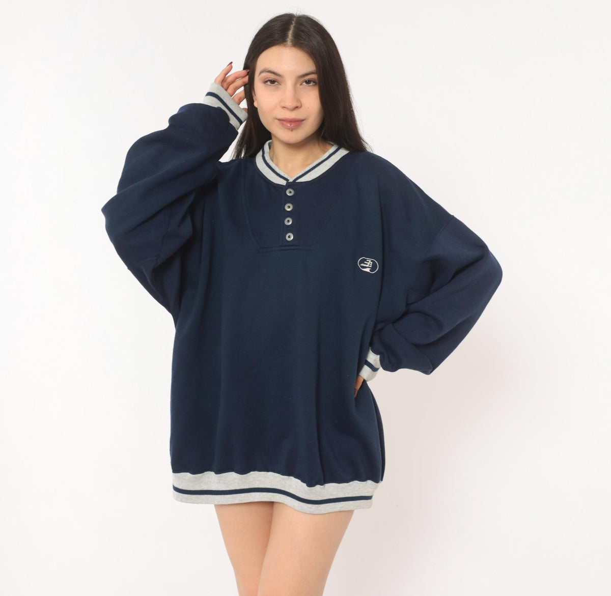 80s Puritan Navy Henley Sweatshirt Grey Stripe Snap Placket Plus Size XXL