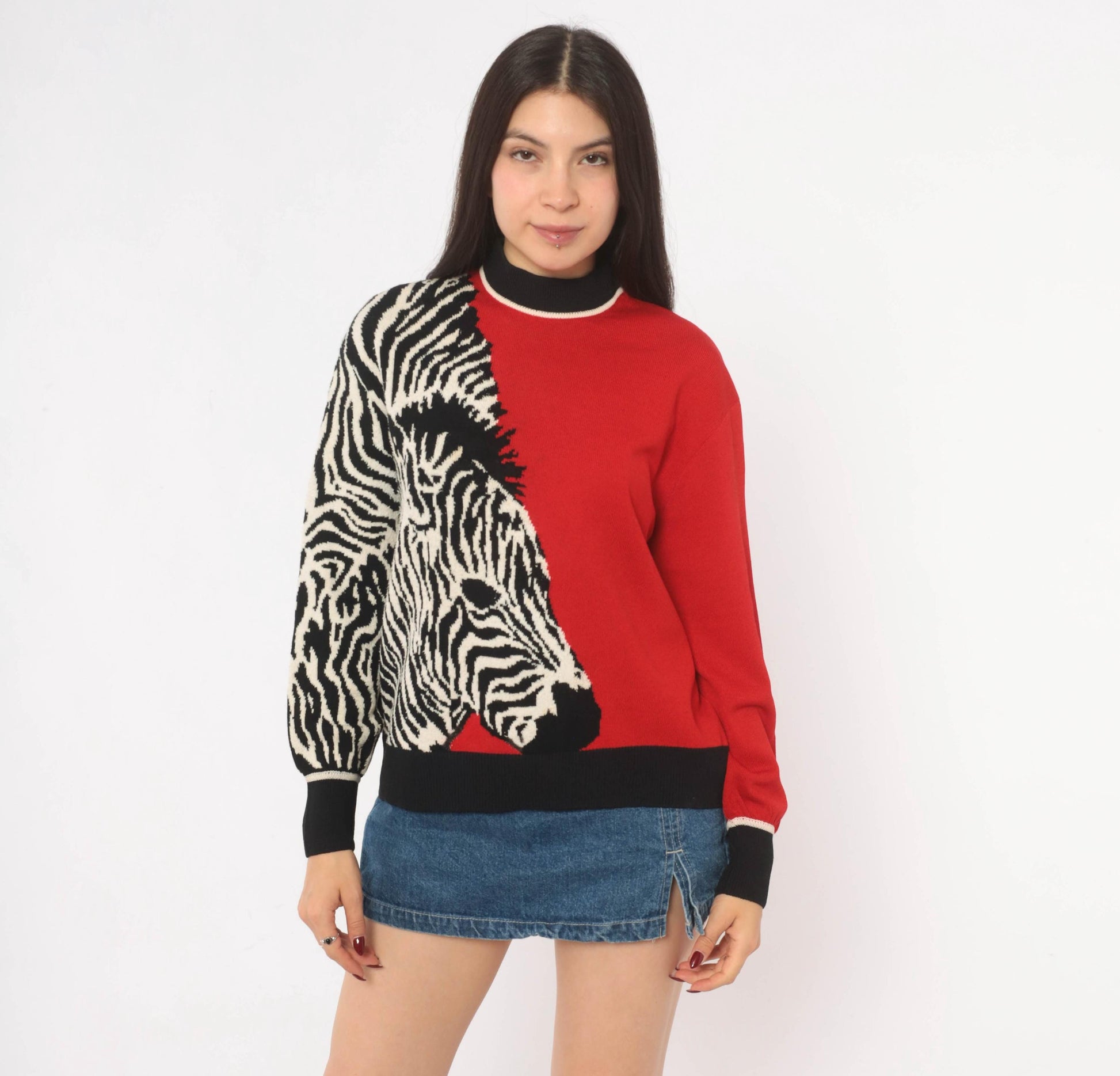 80s St. John Zebra Knit Pullover Red Black Color Block Wool Blend Medium M