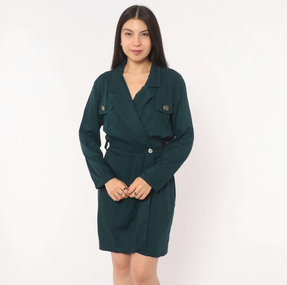 90s Deborah Teal Wrap Dress Gold Button Notched Collar Knee Length Small
