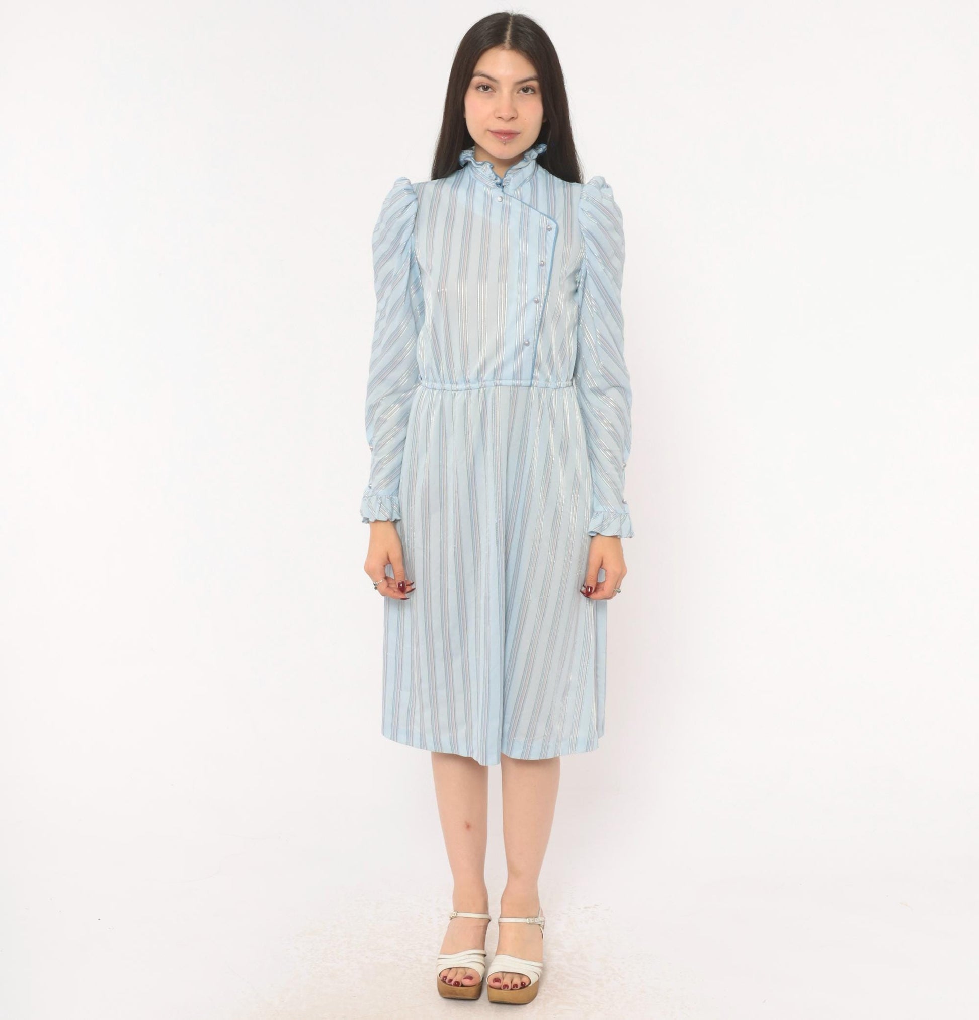 80s Jerri Gee Striped Puff Sleeve Dress Pearl Buttons Ruffled Collar Sky Blue Small