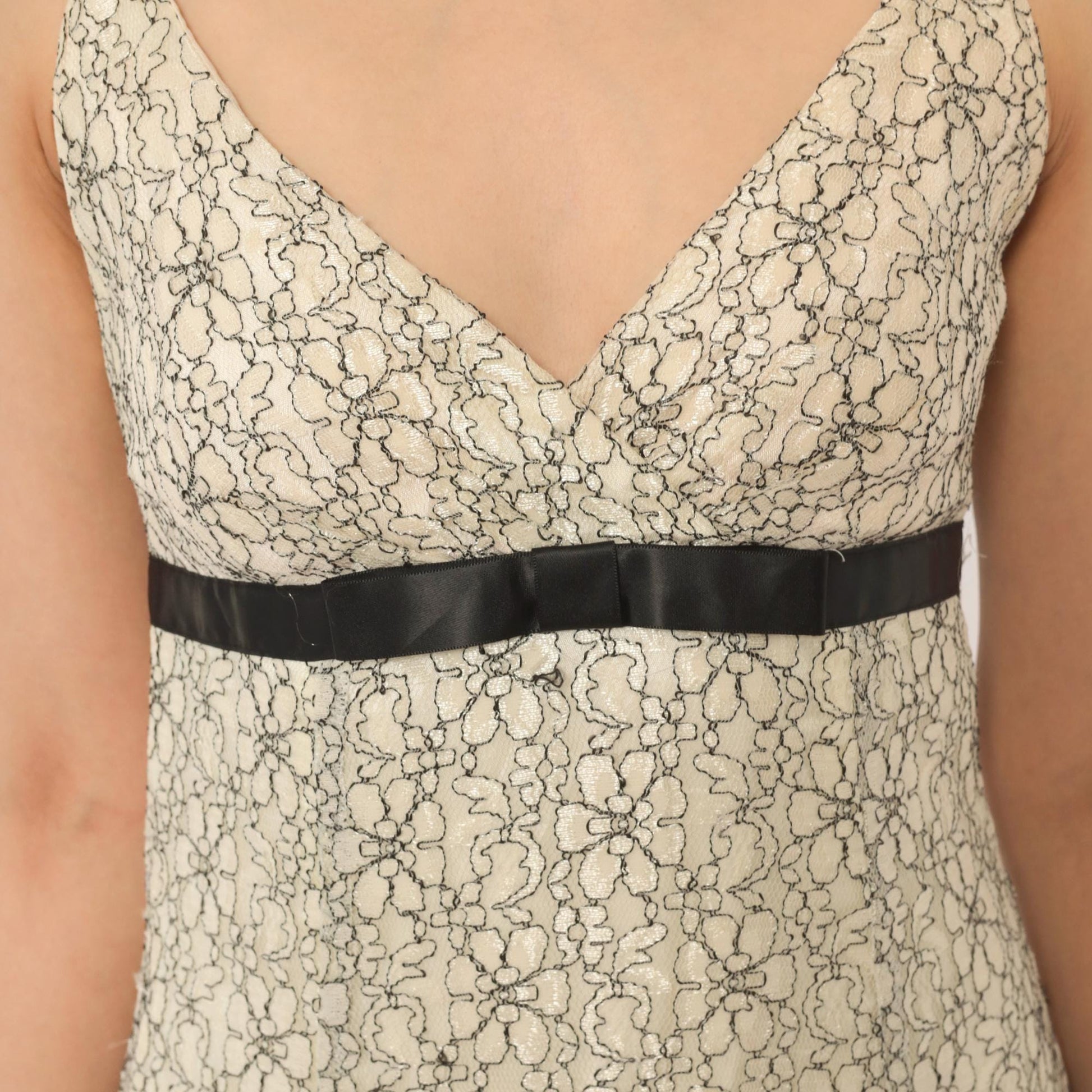 Y2K Intrigue Lace Floral Sundress Cream Black Satin Ribbon Empire Waist Extra Small XS