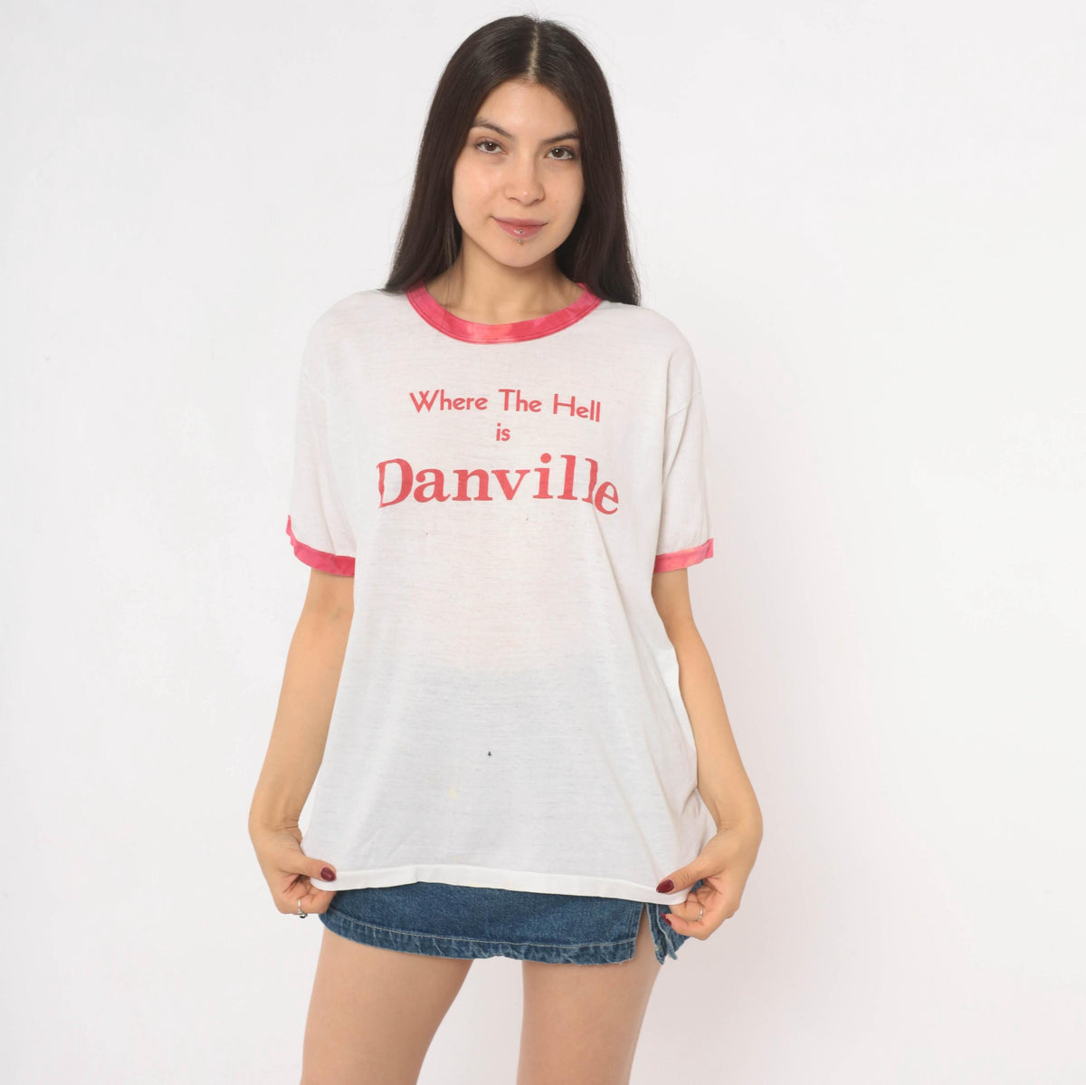 80s Where The Hell Is Danville Ringer Tee White Pink Cotton Graphic Medium
