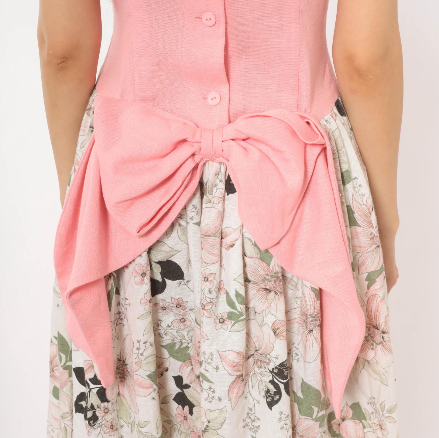 80s Pink Floral Puff Sleeve Dress Bow Back Drop Waist Cotton Small