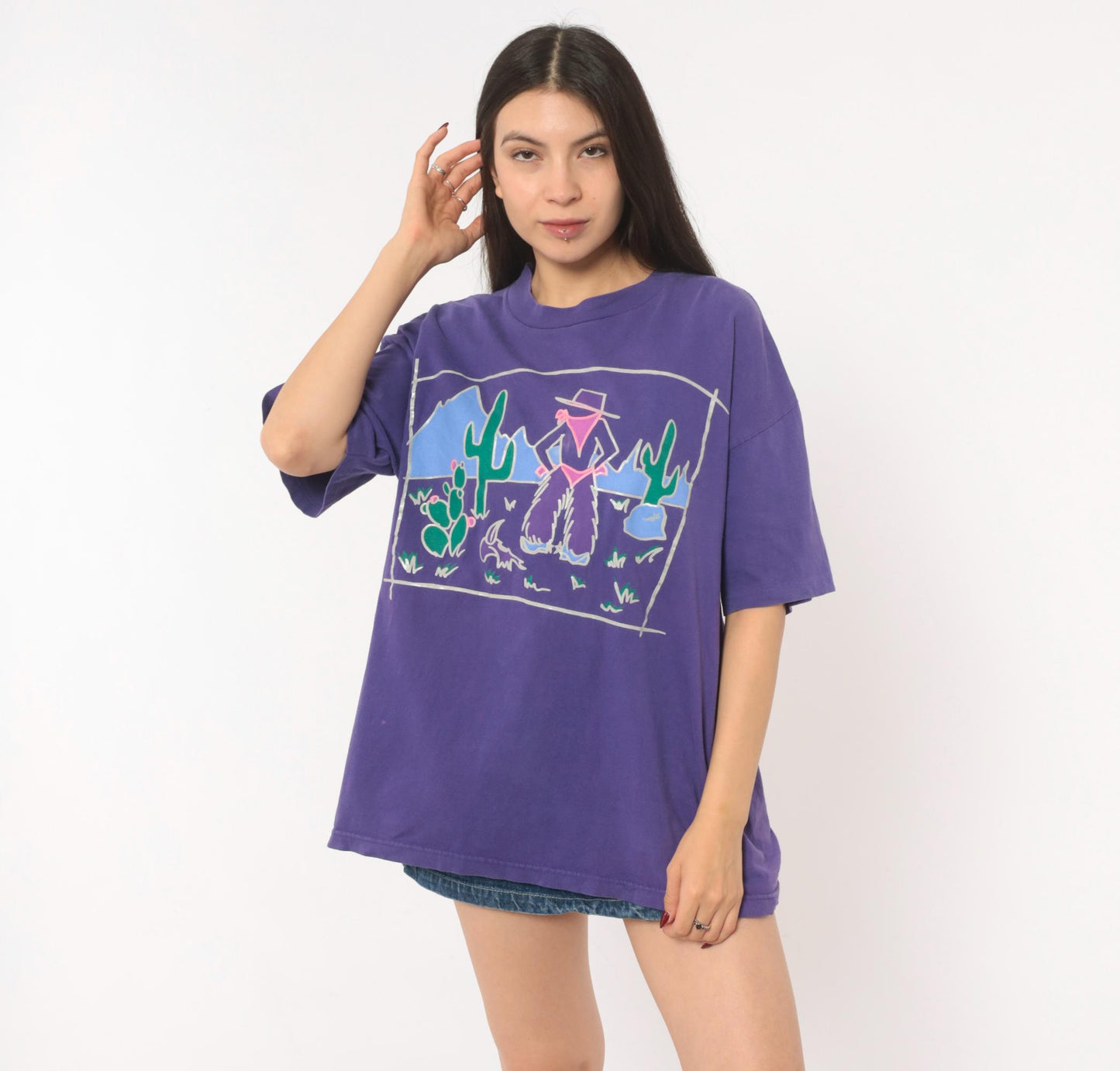 90s Murina Purple Southwestern Cowgirl Cactus Graphic Tee Cotton Large
