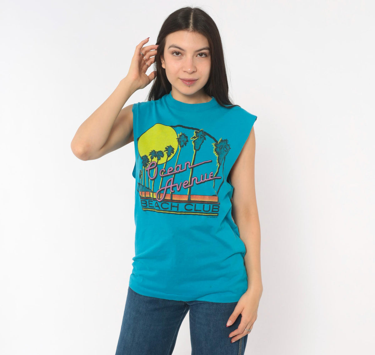 80s Chemise D'Sol Ocean Avenue Beach Club Teal Graphic Tee Palm Tree Sunset Small