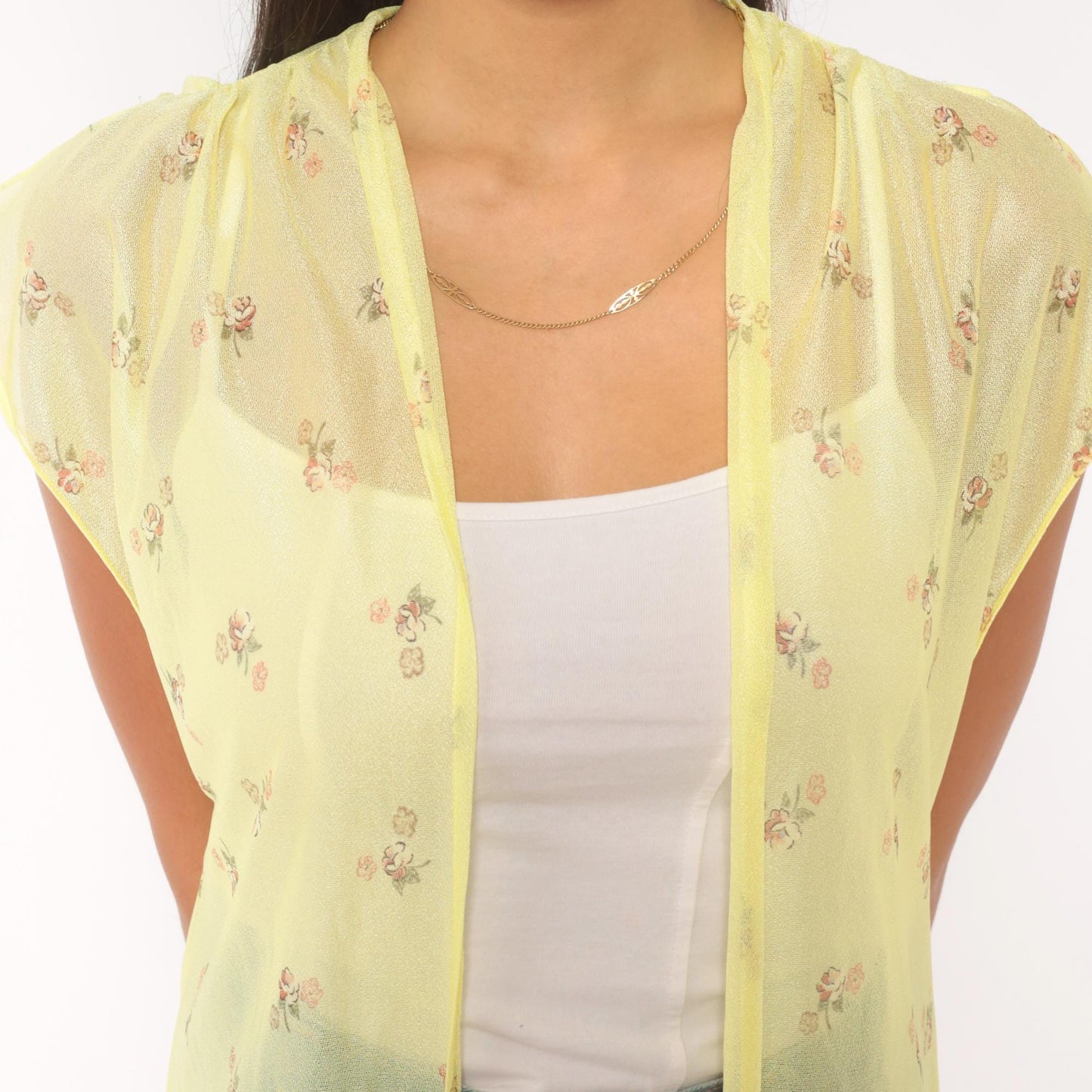 70s Yellow Sheer Floral Duster Cardigan Cap Sleeve Knee-Length Small