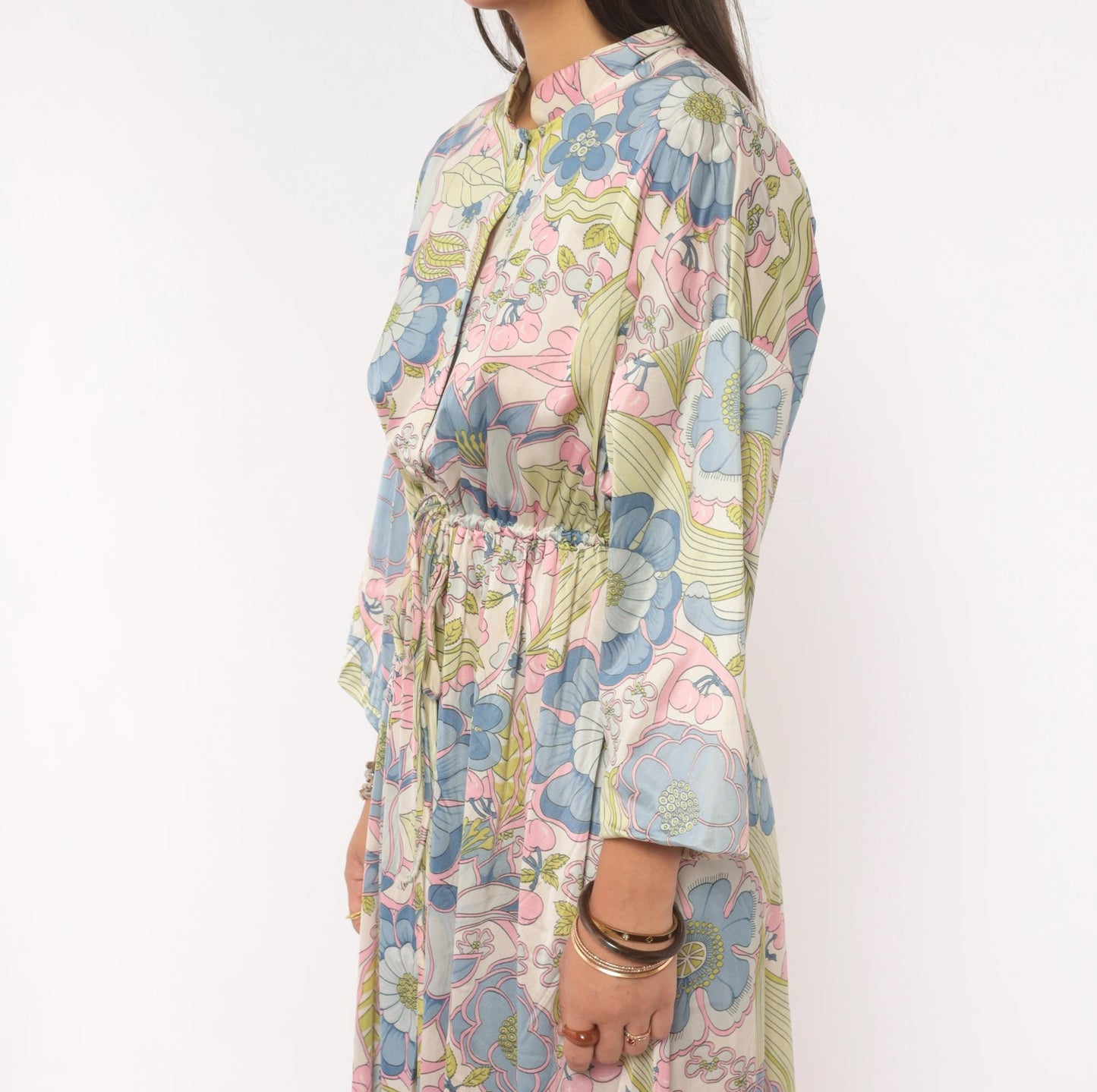 70s Vanity Fair Psychedelic Floral Maxi Dress Nylon Kimono Sleeve Medium