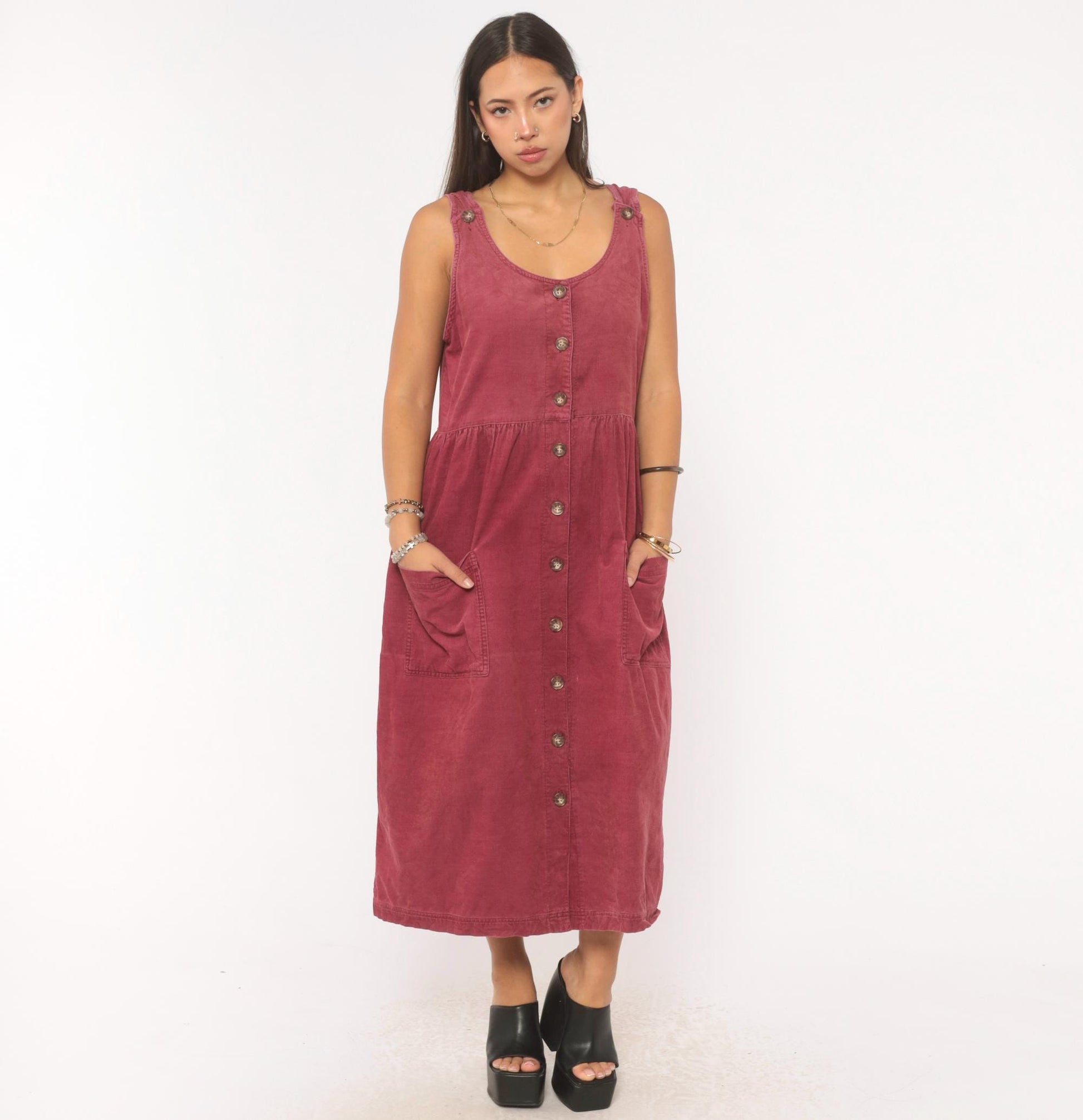90s J.G. Hook Mauve Corduroy Jumper Dress Button Front Midi Medium M