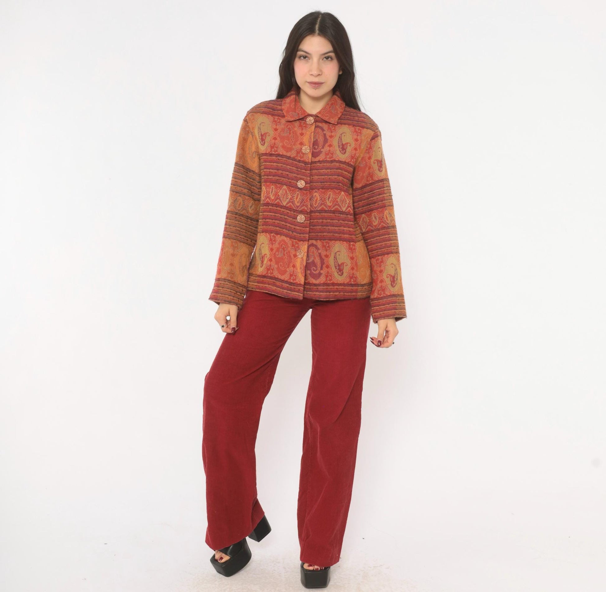2000s Coldwater Creek Paisley Wool Jacket Rust Copper Plum XS
