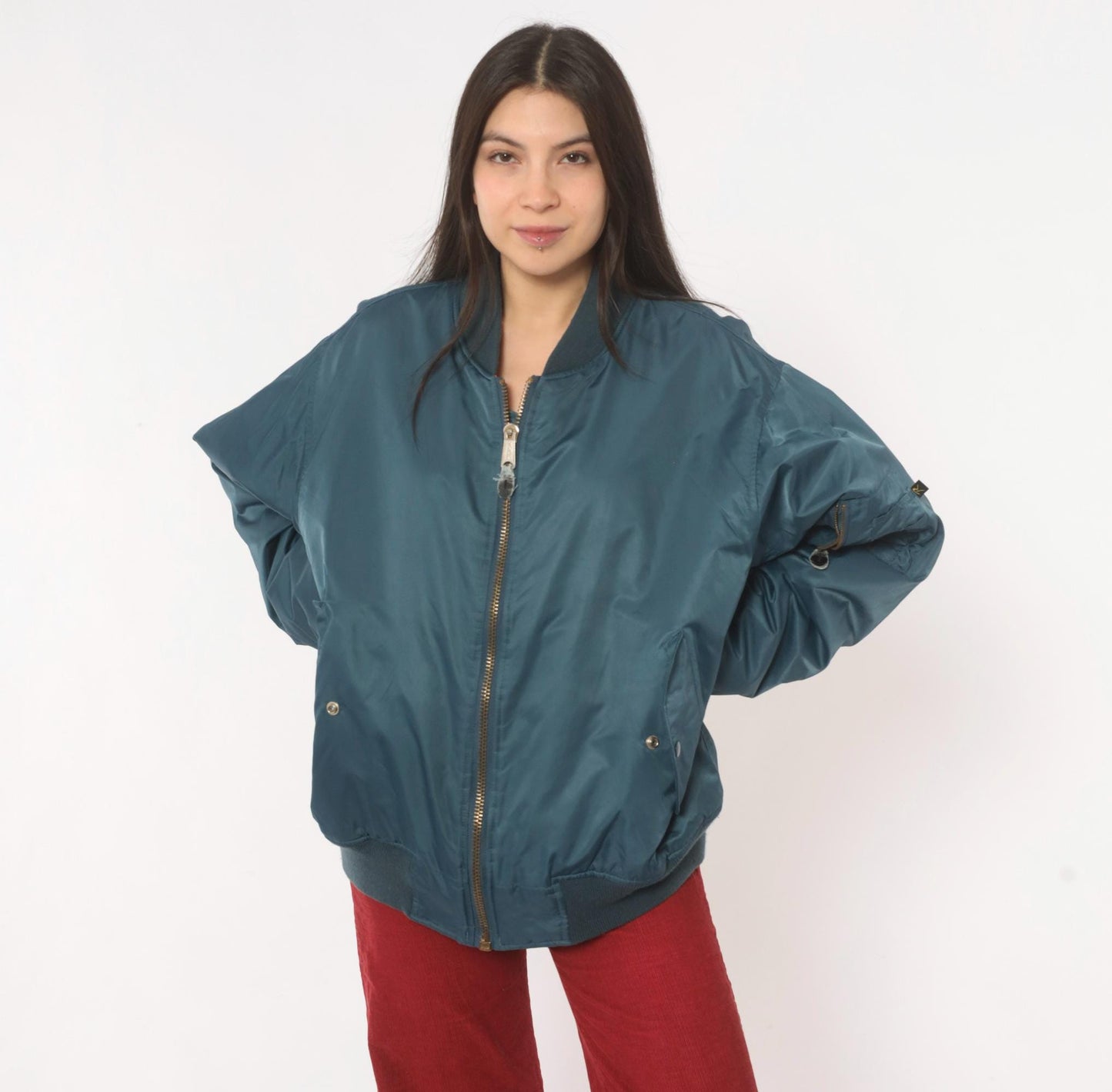 90s Rothco MA-1 Bomber Jacket Slate Blue Reversible Orange Flight Coat Large L
