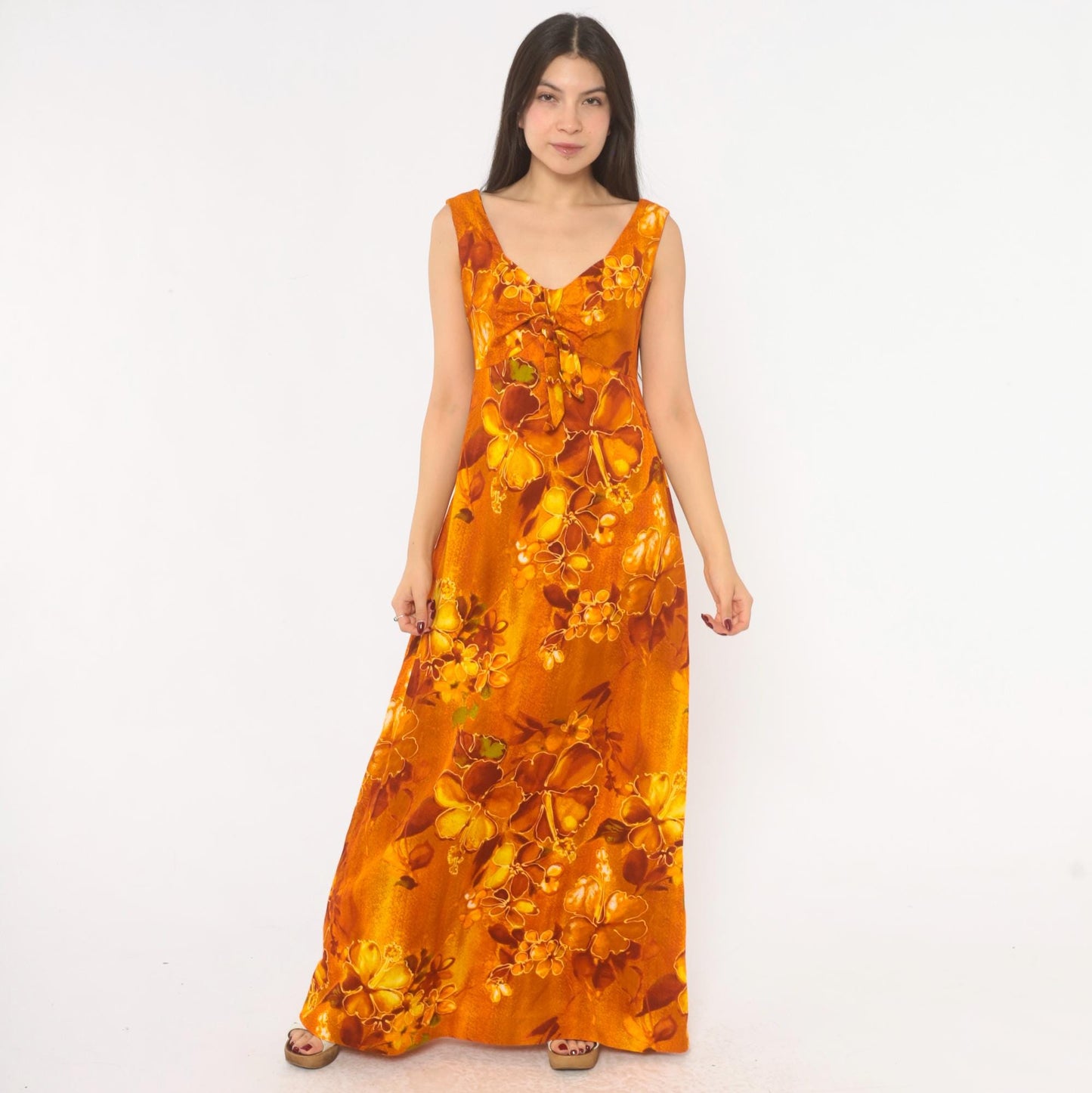 70s Kawika of Hawaii Maxi Dress Orange Floral Empire Waist Medium