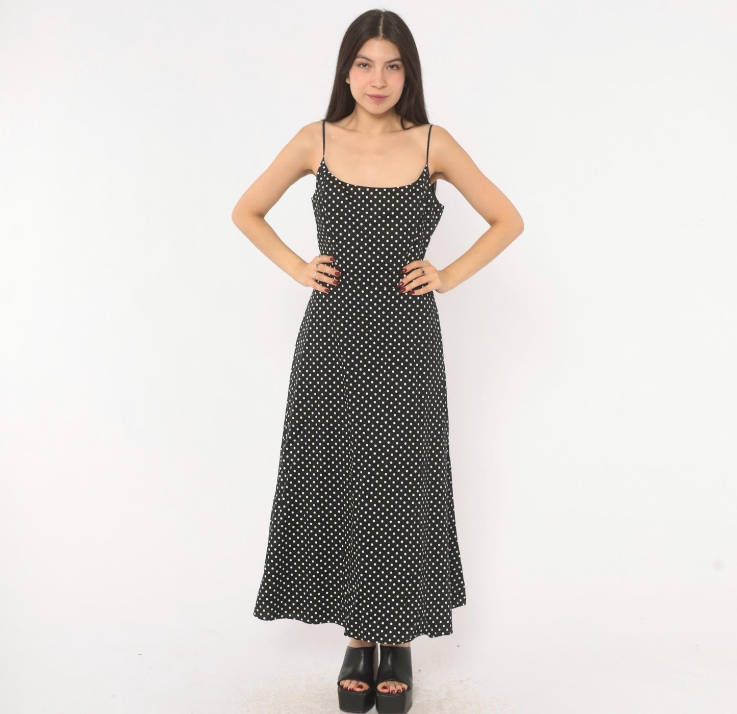 90s Jessica Howard Black White Polka Dot Cotton Maxi Slip Dress Medium M