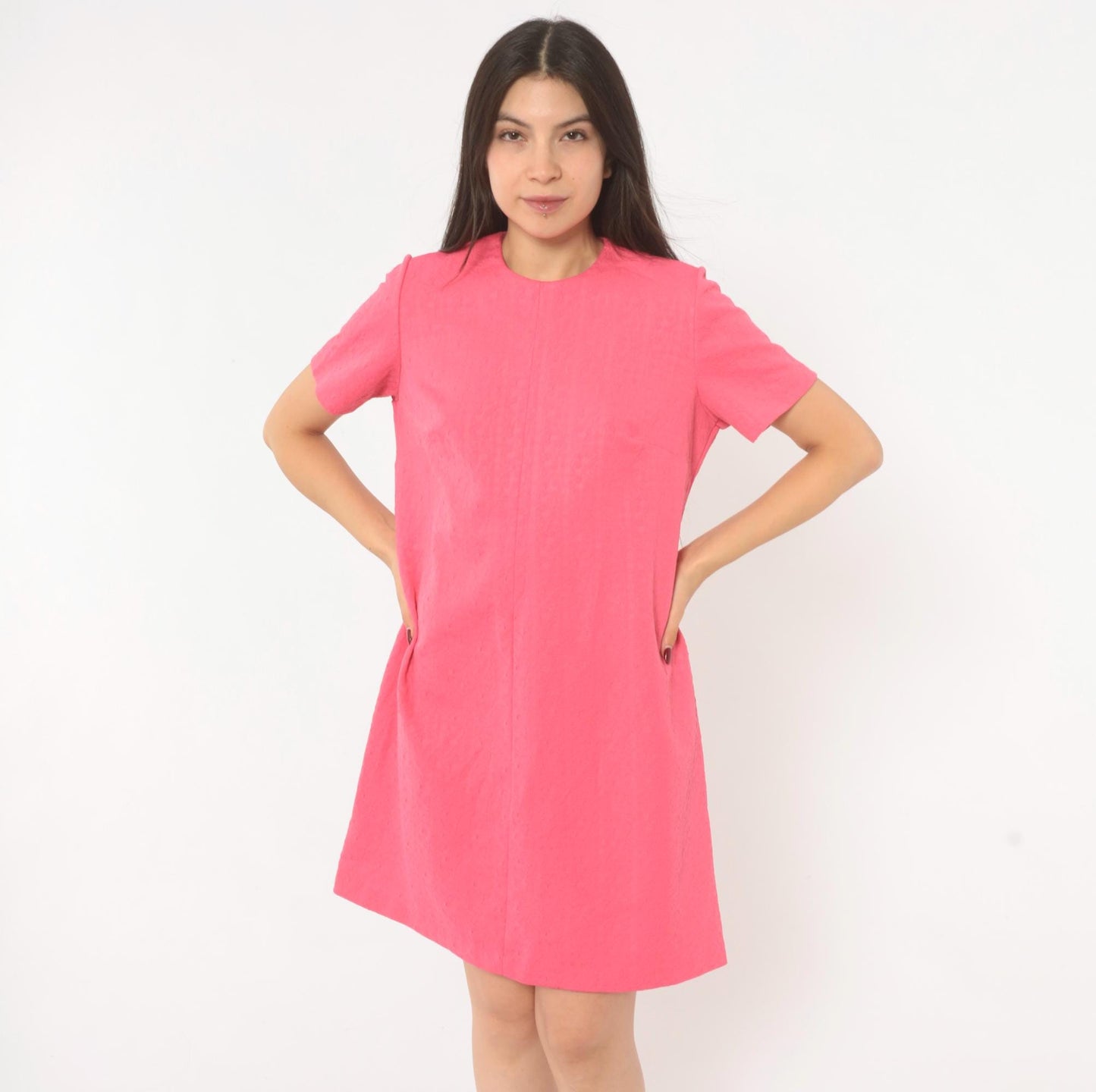 70s Hot Pink Shift Dress Jacquard Crew Neck A-Line Knee Length Medium M