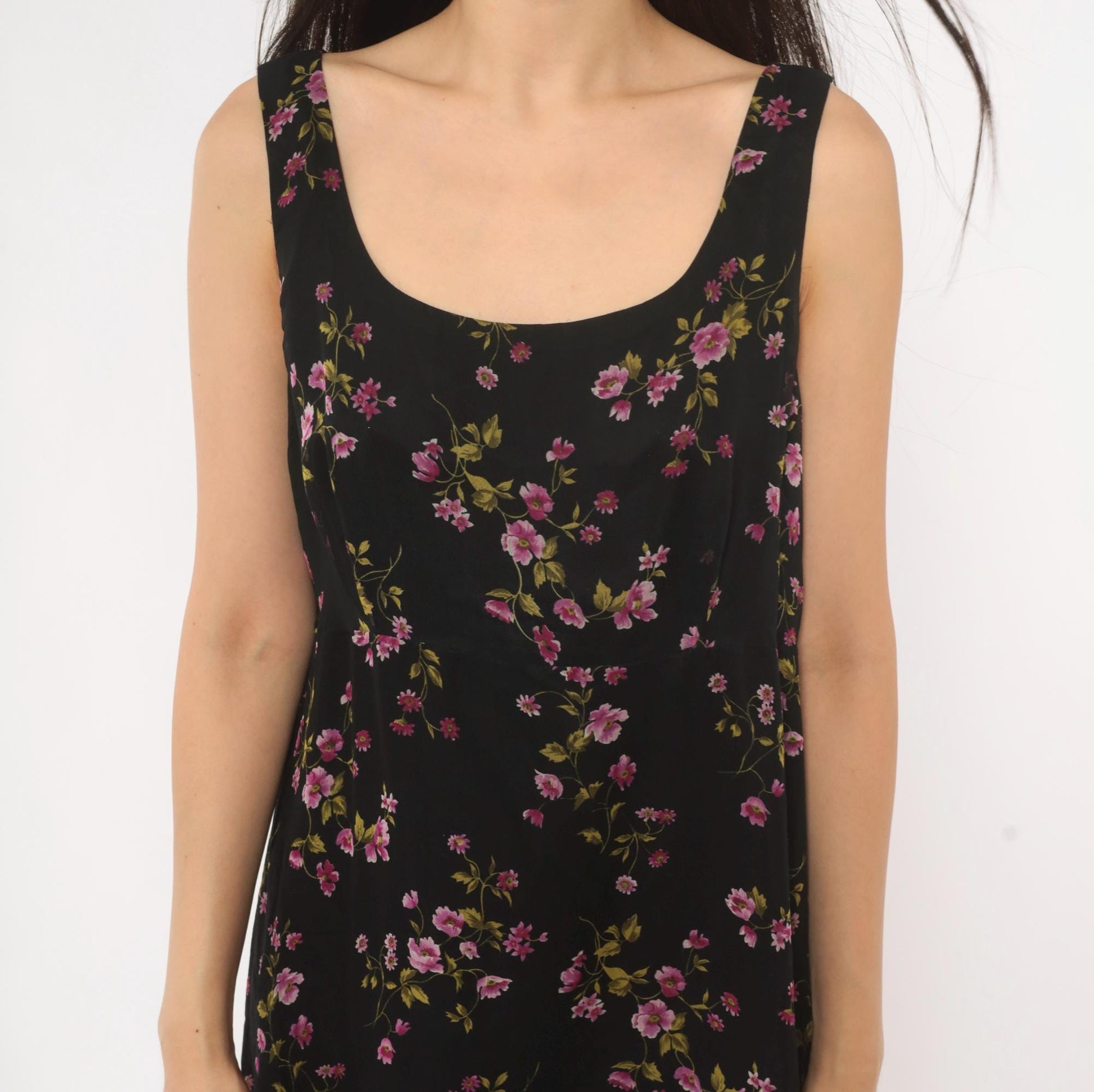 90s Robbie Bee Black Floral Silk Maxi Dress Purple Pink Scoop Neck Medium