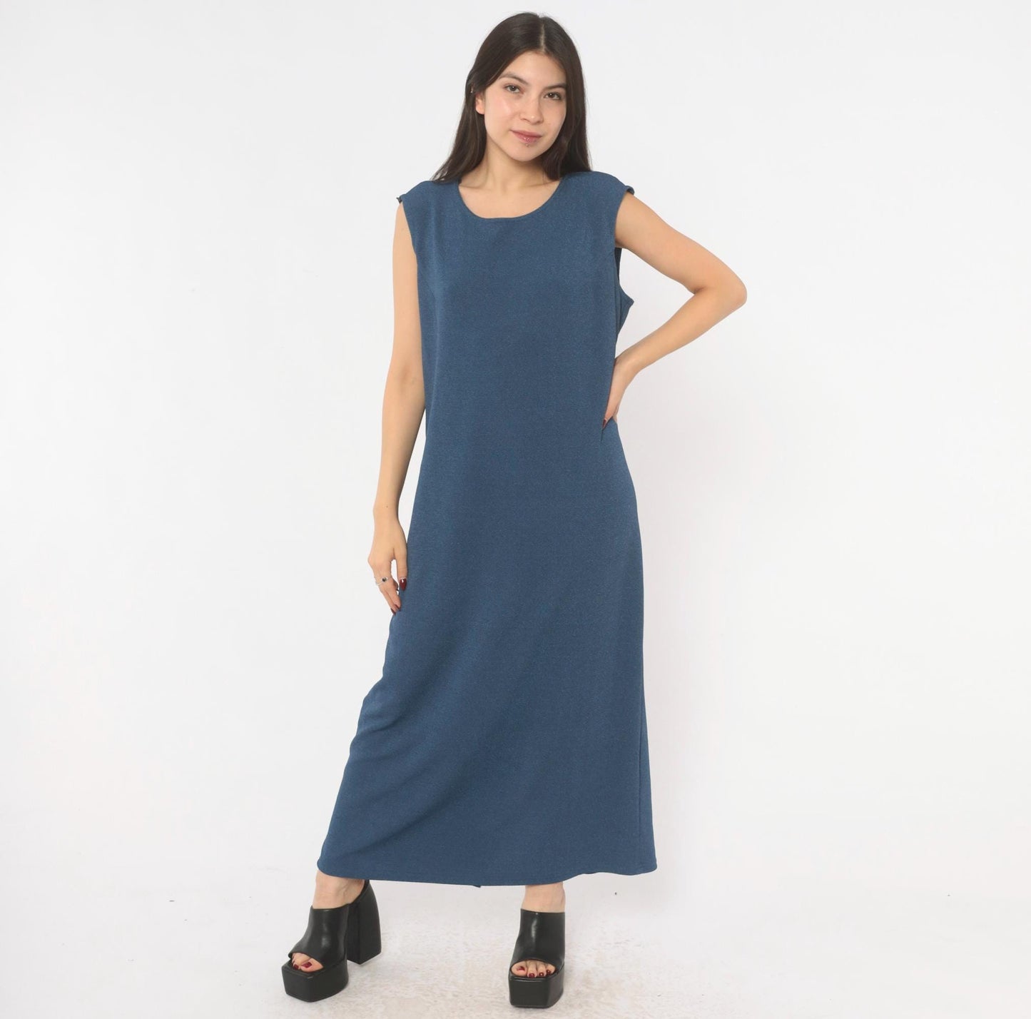 90s Slate Blue Sleeveless Maxi Dress Column Shift Scoop Neck Extra Large XL