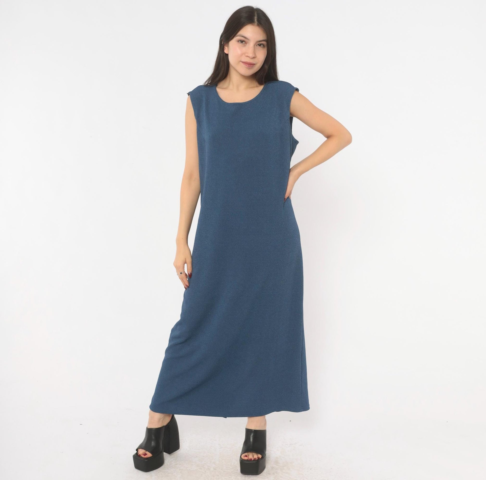 90s Slate Blue Sleeveless Maxi Dress Column Shift Scoop Neck Extra Large XL