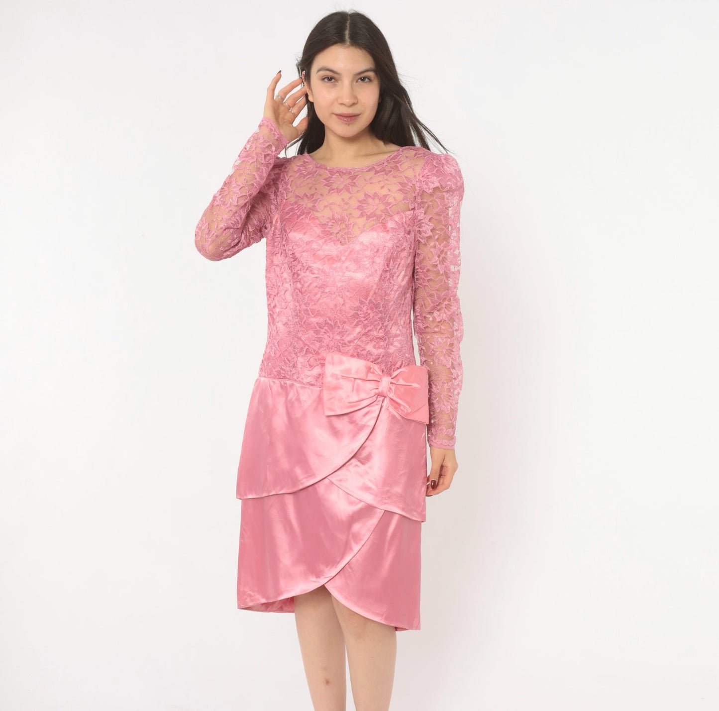 80s Pink Lace Satin Dress Puff Sleeve Bow Tiered Tulip Skirt Large L