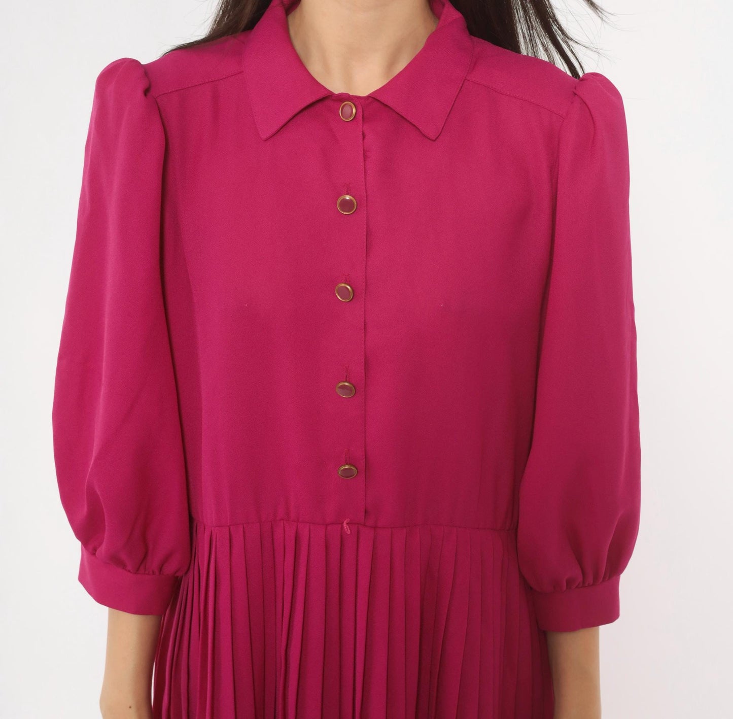 80s Sabino Petites Fuchsia Pleated Shirt Dress Puff Sleeve Knee Length Small