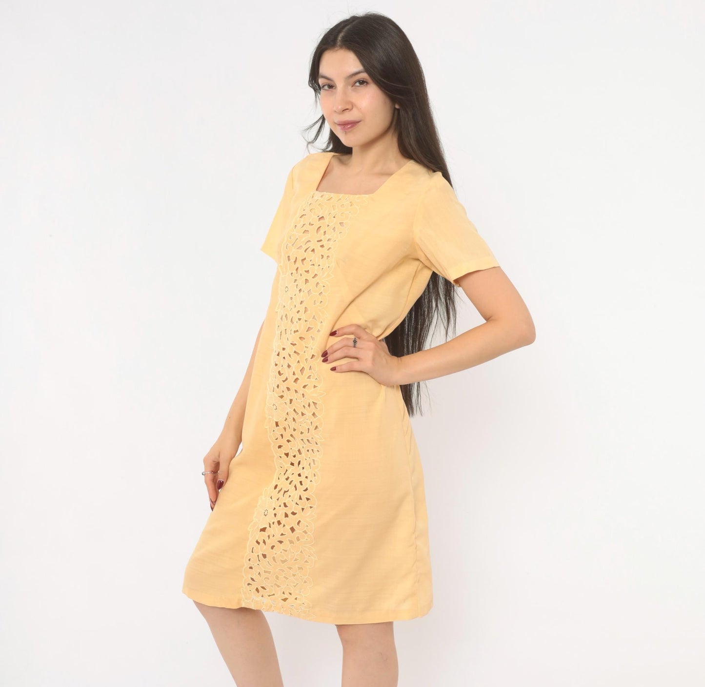 80s Peach Cutwork Lace Shift Dress Cotton Square Neck Floral Embroidered Small