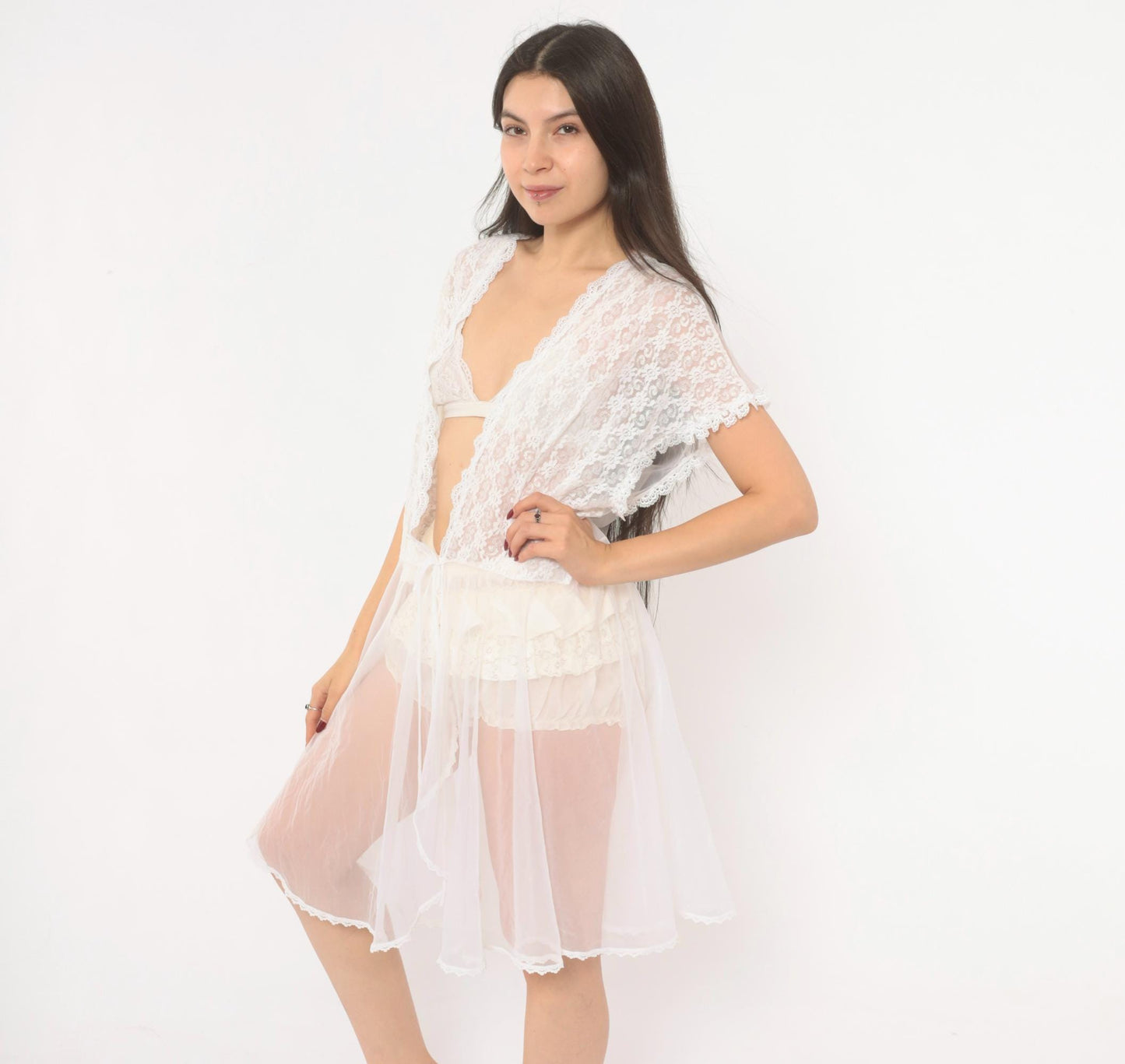 90s Delicates Woman White Lace Peignoir Robe Knee-Length Plus Size 2X