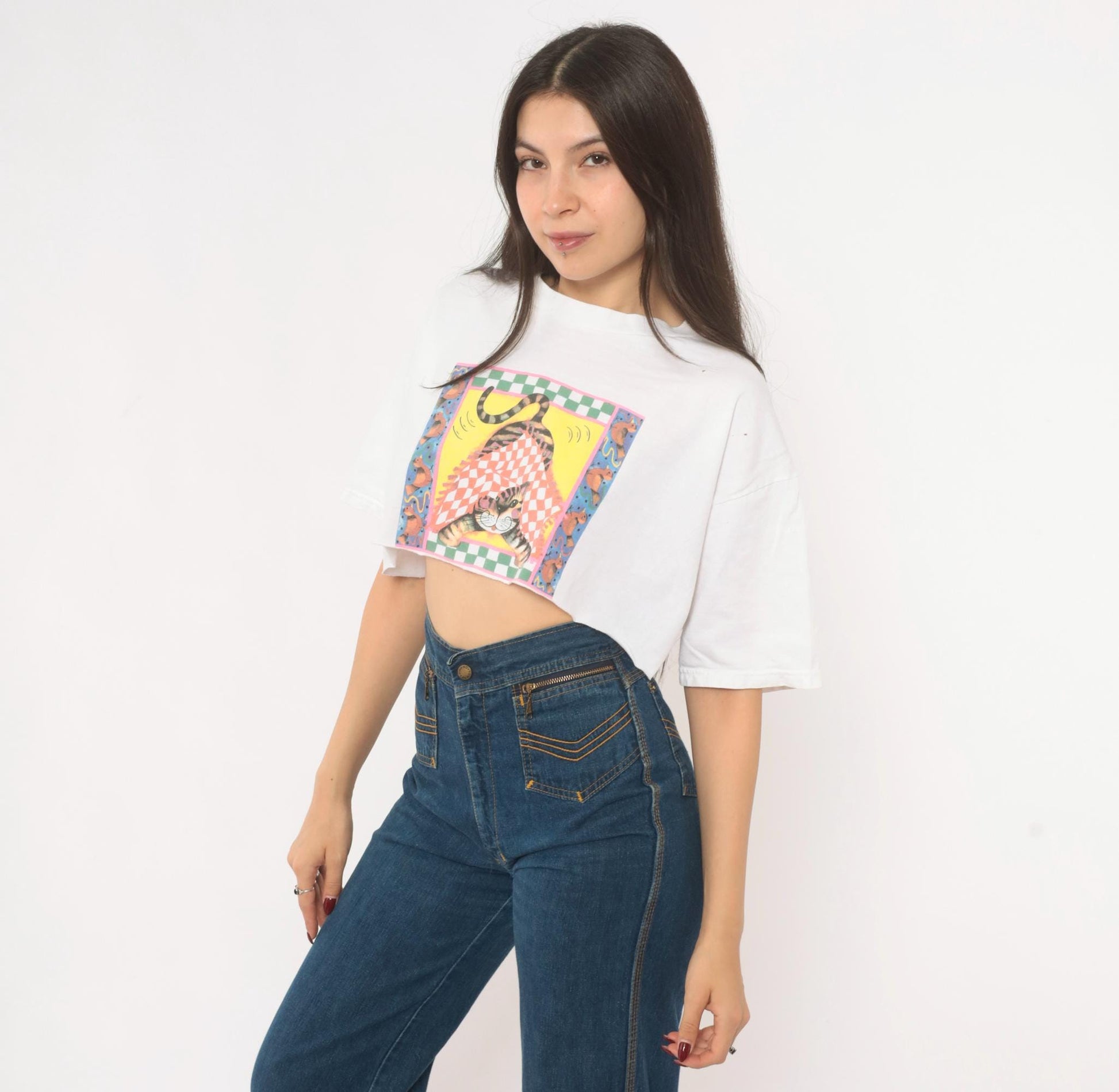 90s Fruit Of The Loom Cat Checkered Graphic Crop Top White Cotton Medium
