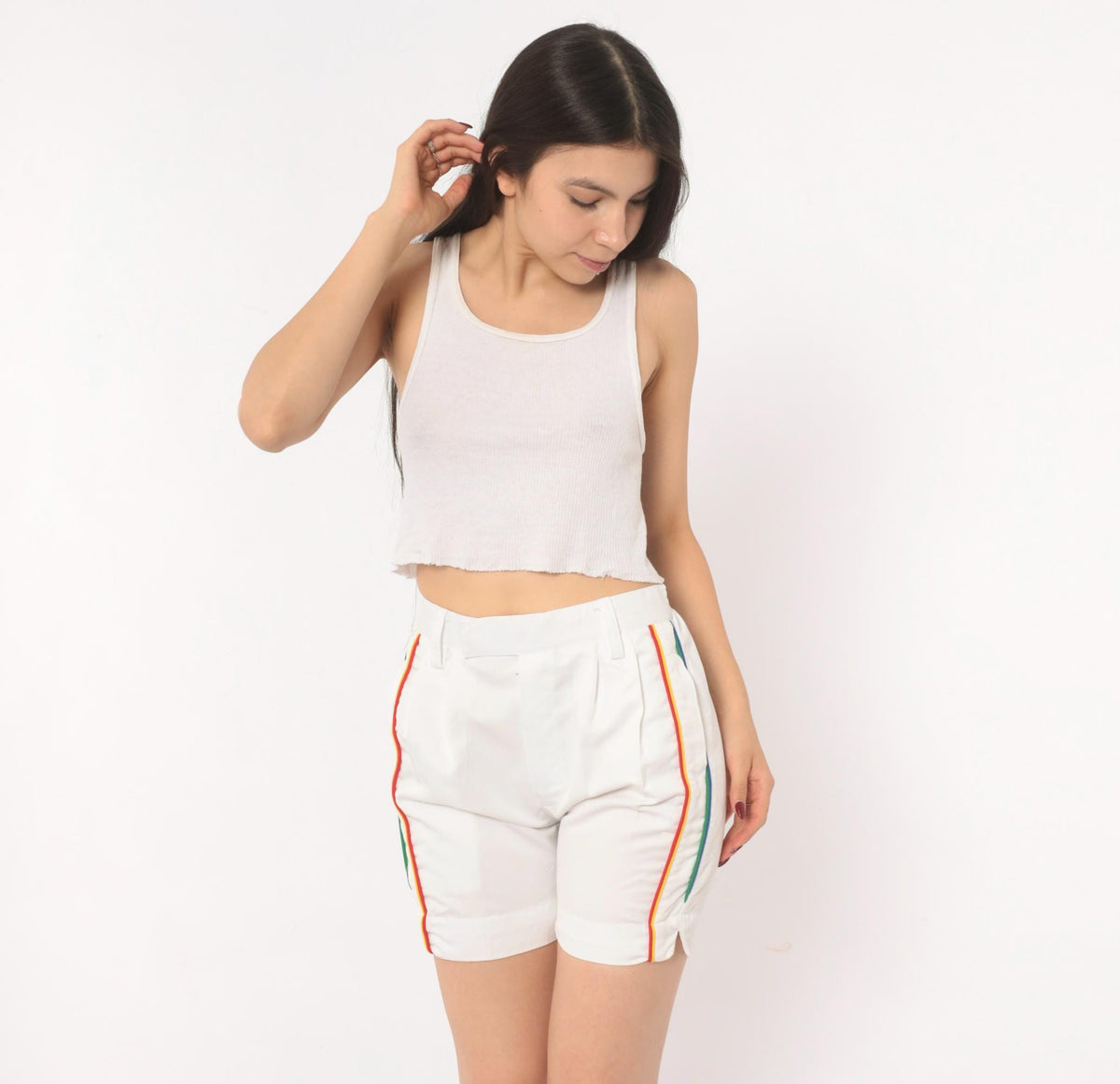 80s Rainbow Stripe White Cotton Bermuda Shorts High Waist Pleated Small S