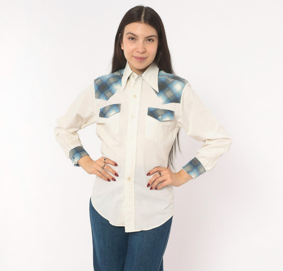80s Kennington Western Yoke Shirt Blue Plaid Cotton Button-Up Small