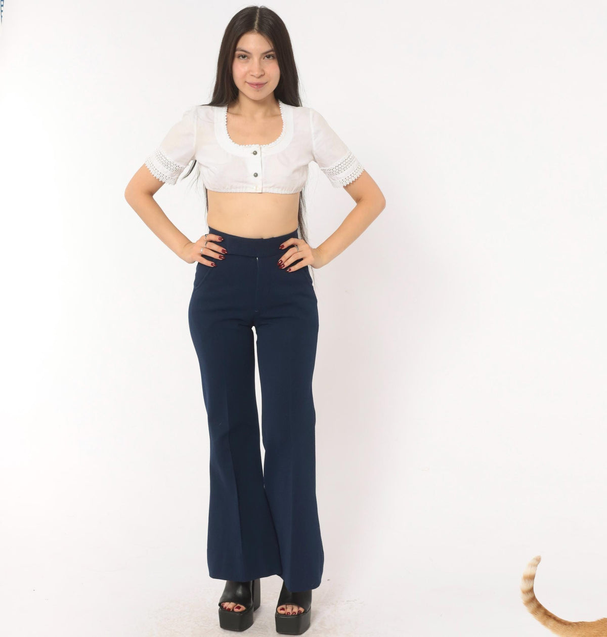 70s Oaxx Navy Bell Bottom Flare Pants High Waist Fitted Hip Extra Small