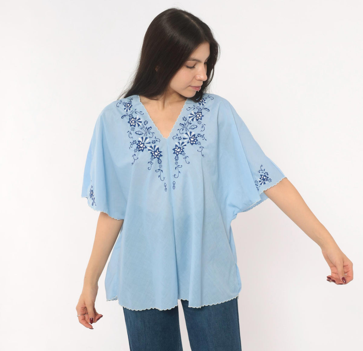 80s Sky Blue Cotton Peasant Blouse Embroidered Floral V Neck Flutter Sleeve Medium Large