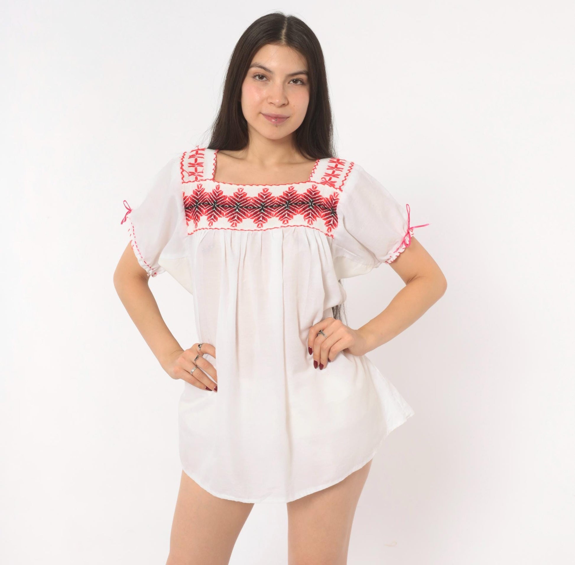 90s White Peasant Blouse Embroidered Red Cross Stitch Square Neck Puff Sleeve Medium