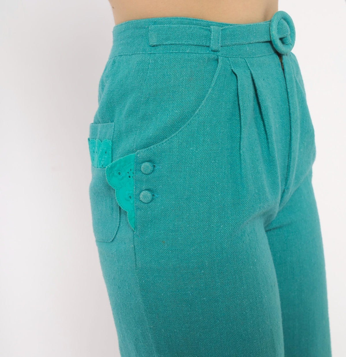80s Teal High-Waist Pleated Tapered Trousers Eyelet Pockets Extra Small XS