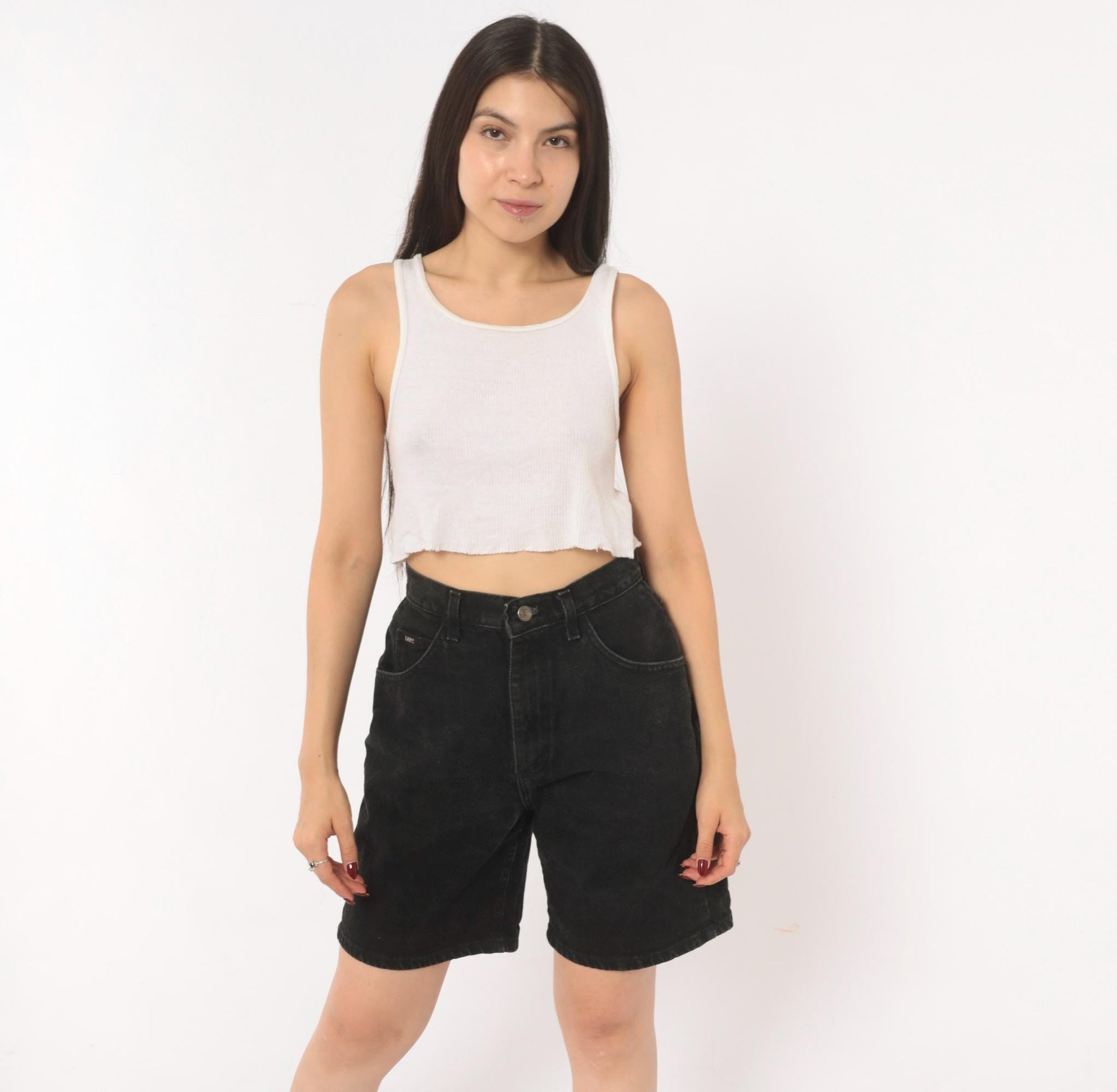 90s Lee Black Denim Bermuda Shorts High Waist Cotton Faded Small S