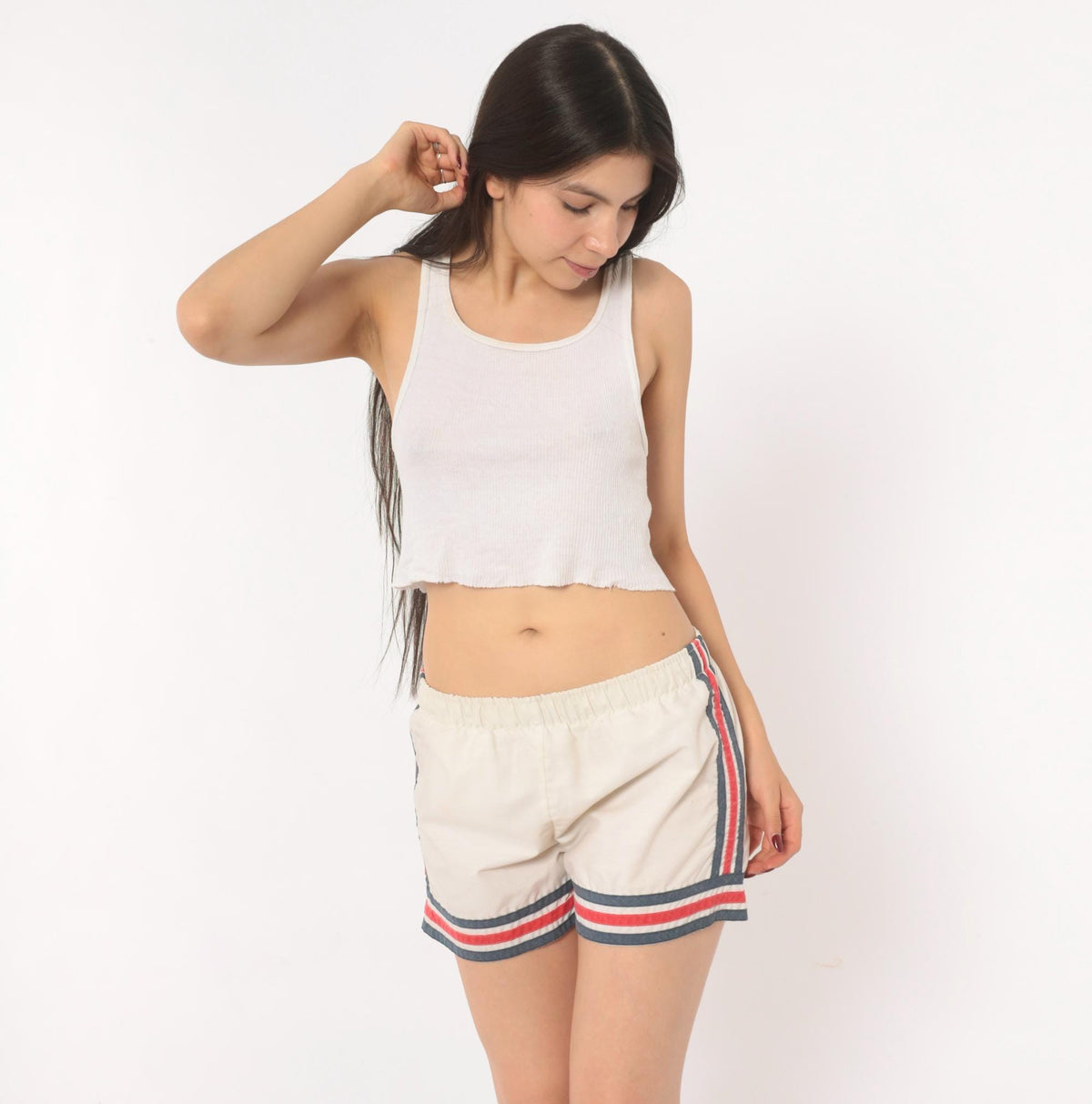80s Striped Athletic Shorts White Navy Red Running Gym Small Medium