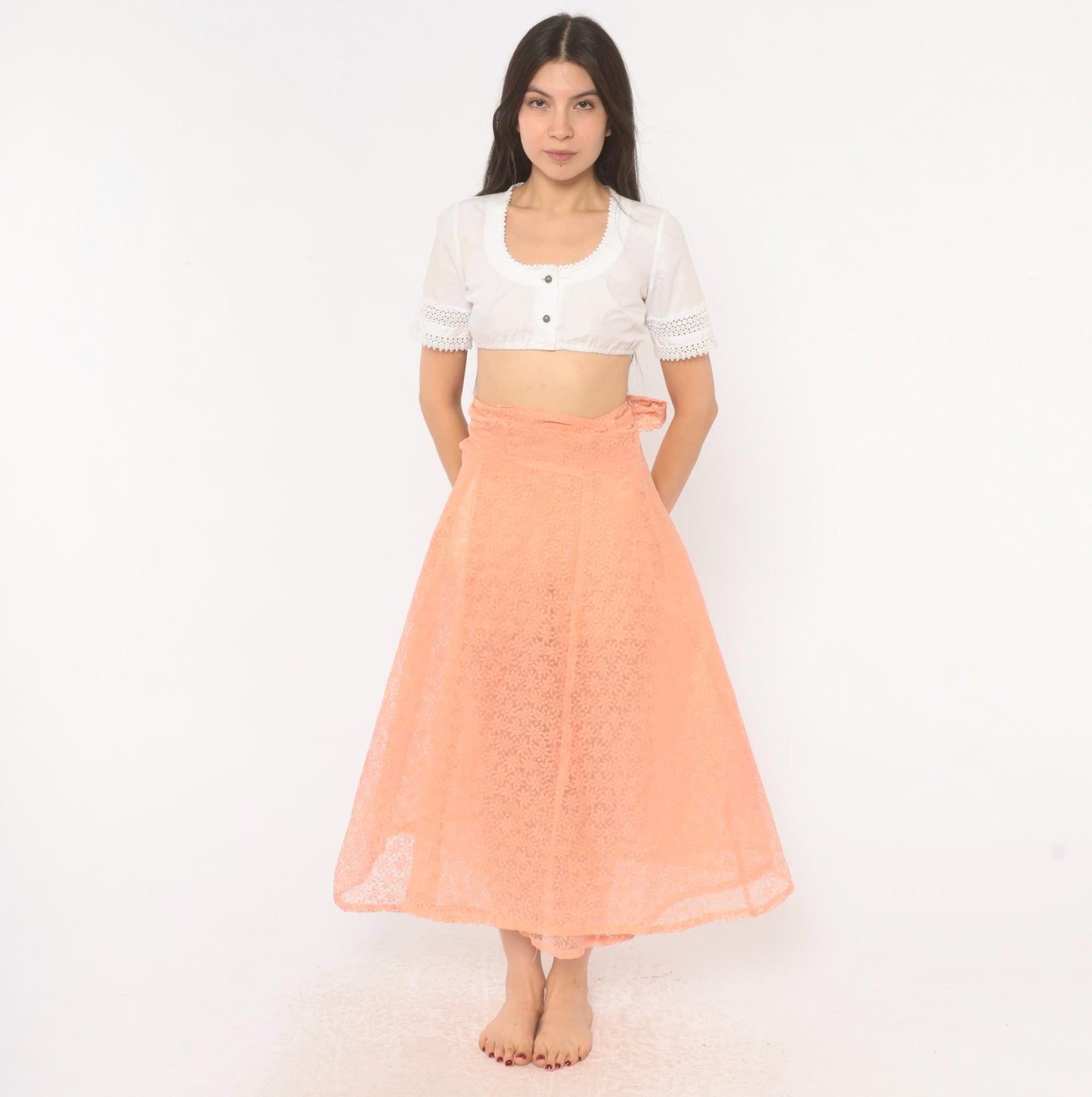 90s Peach Floral Lace Wrap Midi Skirt A-Line Daisy Sheer Medium to Extra Large
