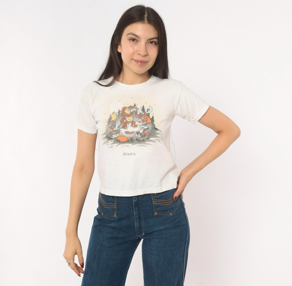 80s Alaska Campfire Animals Graphic Crop Top Gildan Cotton White XS