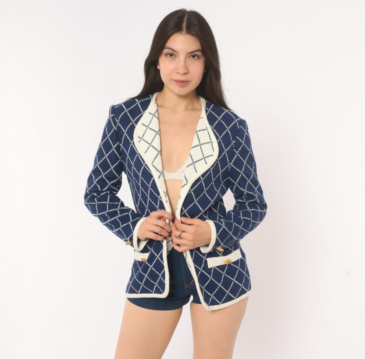 80s Castleberry Navy Diamond Knit Blazer White Trim Collarless Small