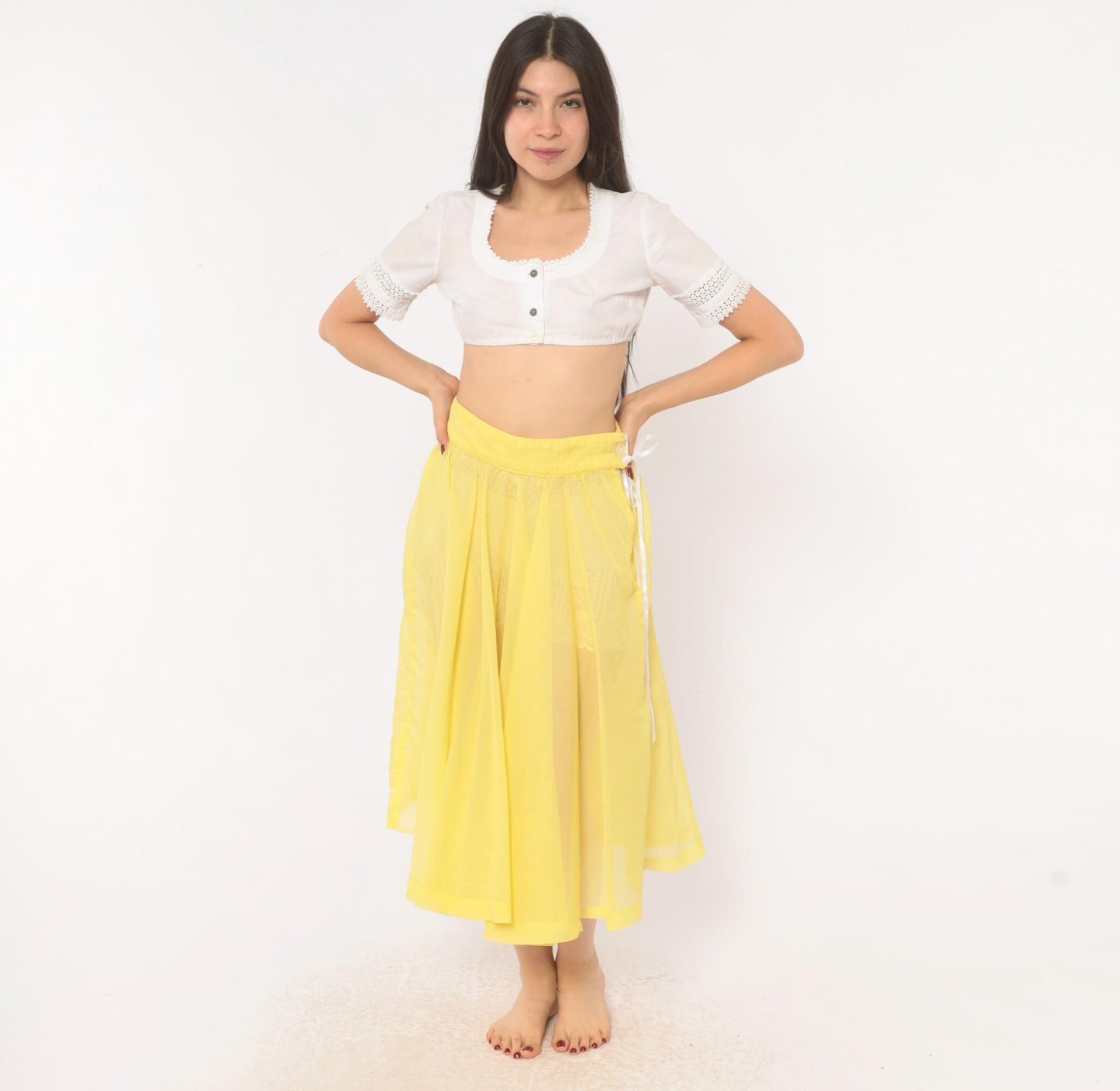 80s Yellow Sheer Circle Skirt Midi Ribbon Tie Lemon Chiffon Small