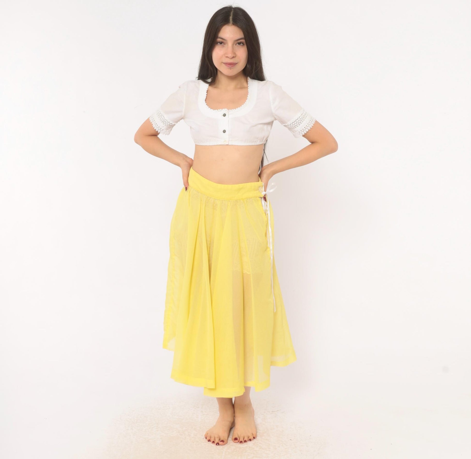 80s Yellow Sheer Circle Skirt Midi Ribbon Tie Lemon Chiffon Small