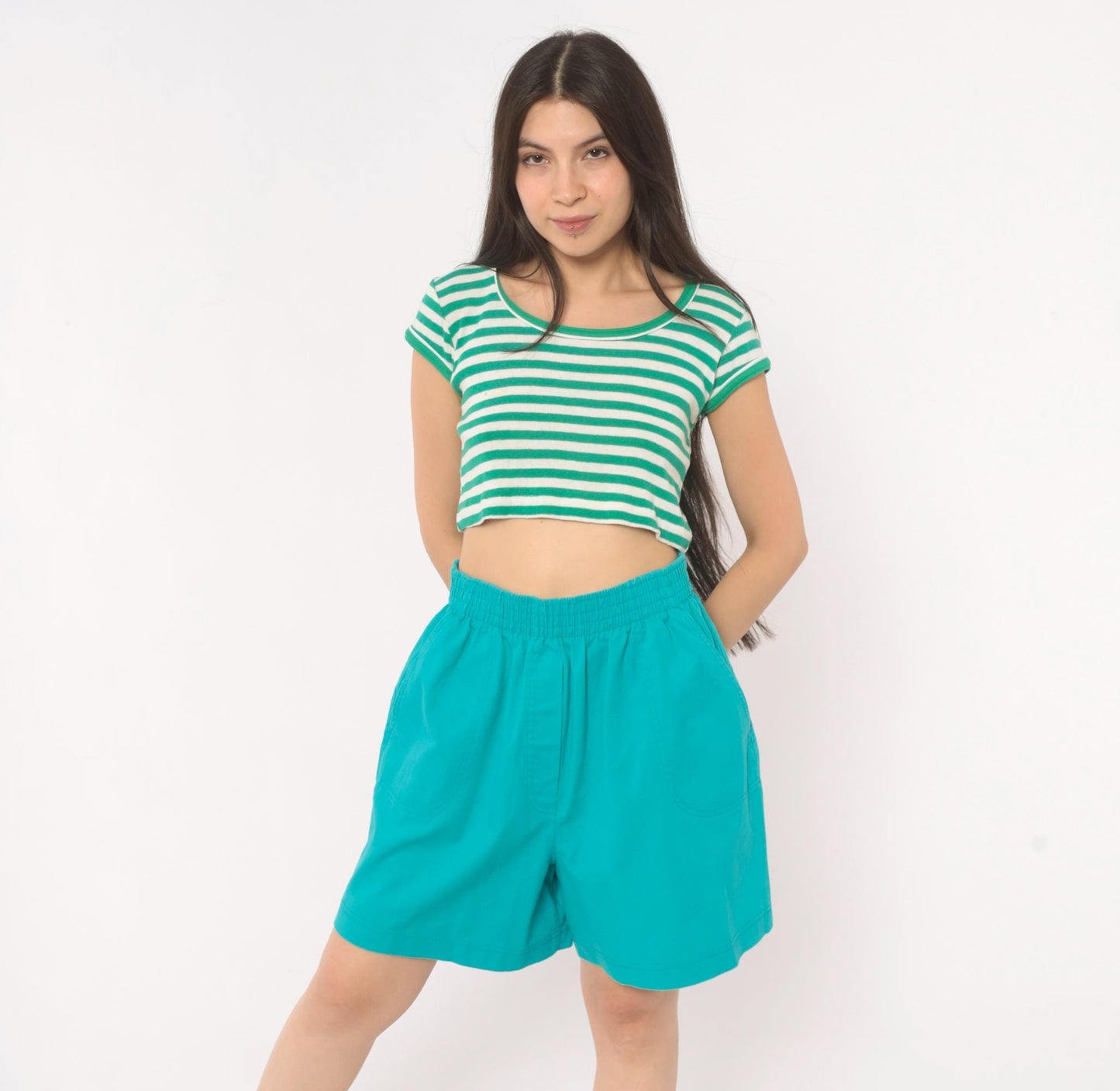 90s Cabin Creek Teal High Rise Shorts Wide Leg Cotton Elastic Waist Medium